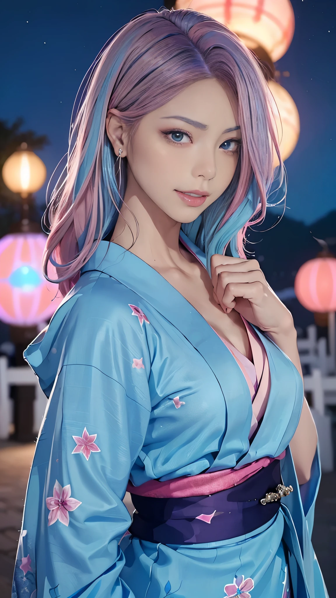 (masutepiece), (((Highest Quality)), (super detailed), 1 girl, (Iridescent hair, Colorful hair, Half blue and half pink hair: 1.2), 17 years old, (Yukata: 1.2), Midsummer Night、plein air, Bangs, Smile, sky-blue eyes, Perfect hands, Perfect hands, Hand Details, Corrected Fingers. earrings, Night Store + Background, up looking_in_viewer, Cowboy Shot, of the highest quality, rich detail, Perfect image quality, blue dark color、(night:1.5, Japanese Summer Festivals)、Half-up hairstyle、