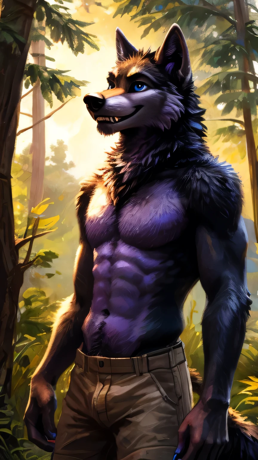 Sunlight, masterpiece, high quality, solitary, teenagerfurry, hairy, teenager, black Wolf, Black tail hairstyle,Purple eyebrows，blue eyes，Purple Iris Works, Have muscles, Detailed hands, Blackback，Purple belly，Black arm，Purple Chin，Purple Neck，teal blue nails，Delicate face, Delicateeyes, Detailed body, Flat body, Skinny,Sly smile emoji，Showing wolf teeth， paw, high resolution,  No shirt, No underwear, Nature background，daytime,  big eyes, slend body,Kenket&#39;s Art