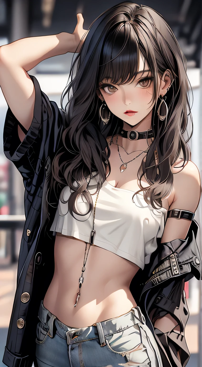 masterpiece, highest quality, pixiv, cool girl, the strongest pirate girl, topless, lips in love, dark brown hair, curly hair, dull bangs, straight bangs, gray eyes, white skin, gal, Improve