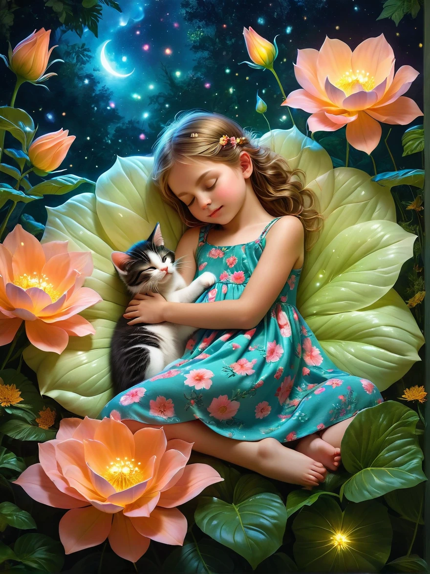 pam-flwr, A cute teenage girl and kitten sleeping in a giant flower，Girl in floral dress，forest，night，Glowing particles，lifelike，Highly detailed，Lifelike，Studio Photos，Highly detailed，masterpiece