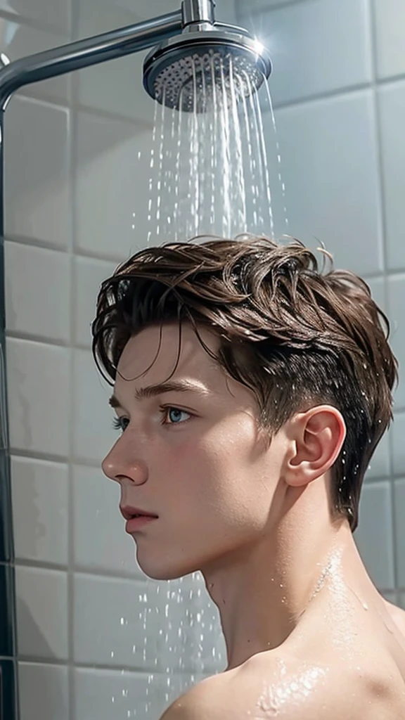 Close-up side view photo of a tom holland taking a shower. health concept