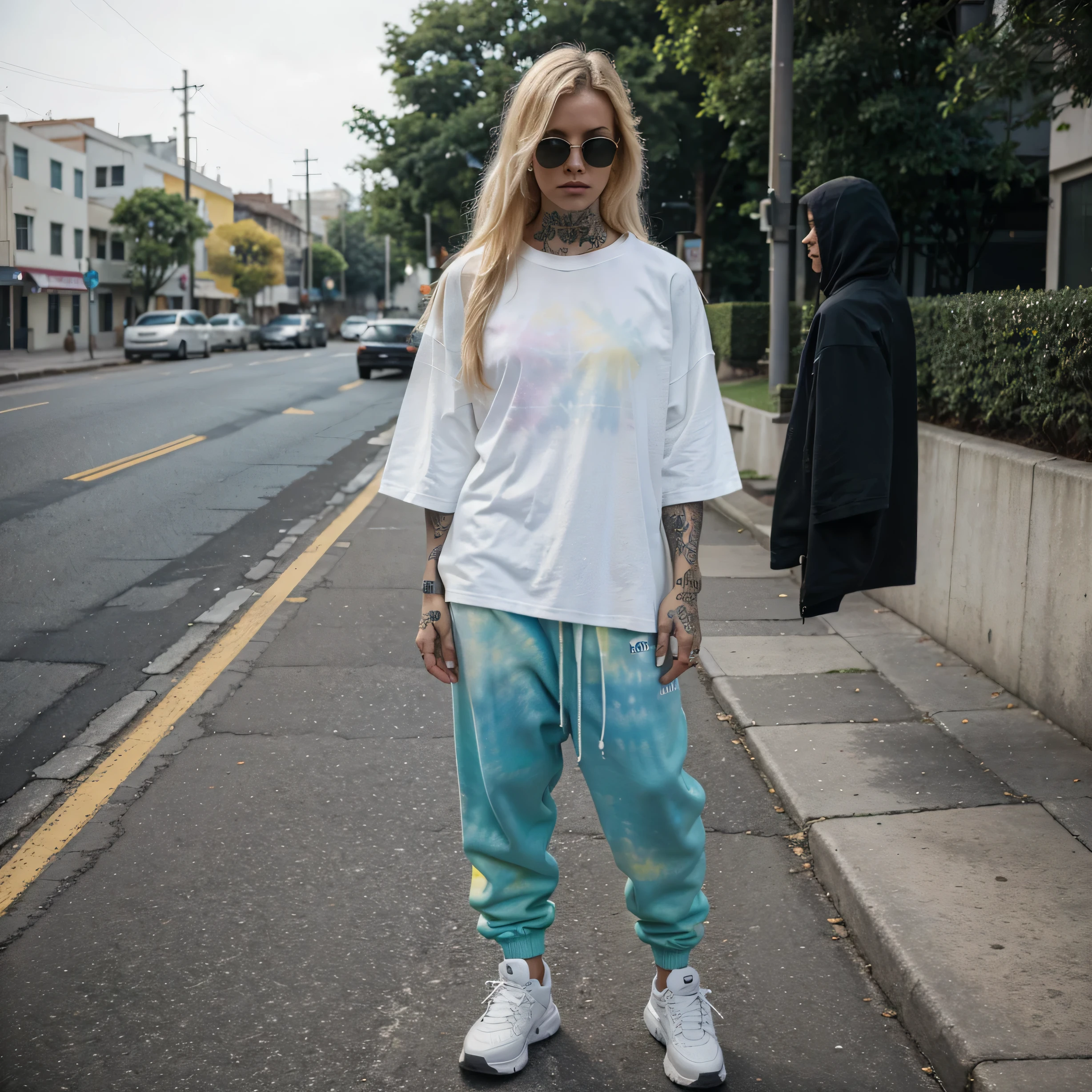 "A realistic image of a blonde female model wearing a women's tie-dye gym outfit in the streetwear style of Balenciaga. She has tattoos on her body and is wearing dark square sunglasses. The model is standing on the street, fully clothed and in a non-nude pose. The outfit includes an oversized XXL tie-dye T-shirt in white, yellow, and light green, hanging loose."