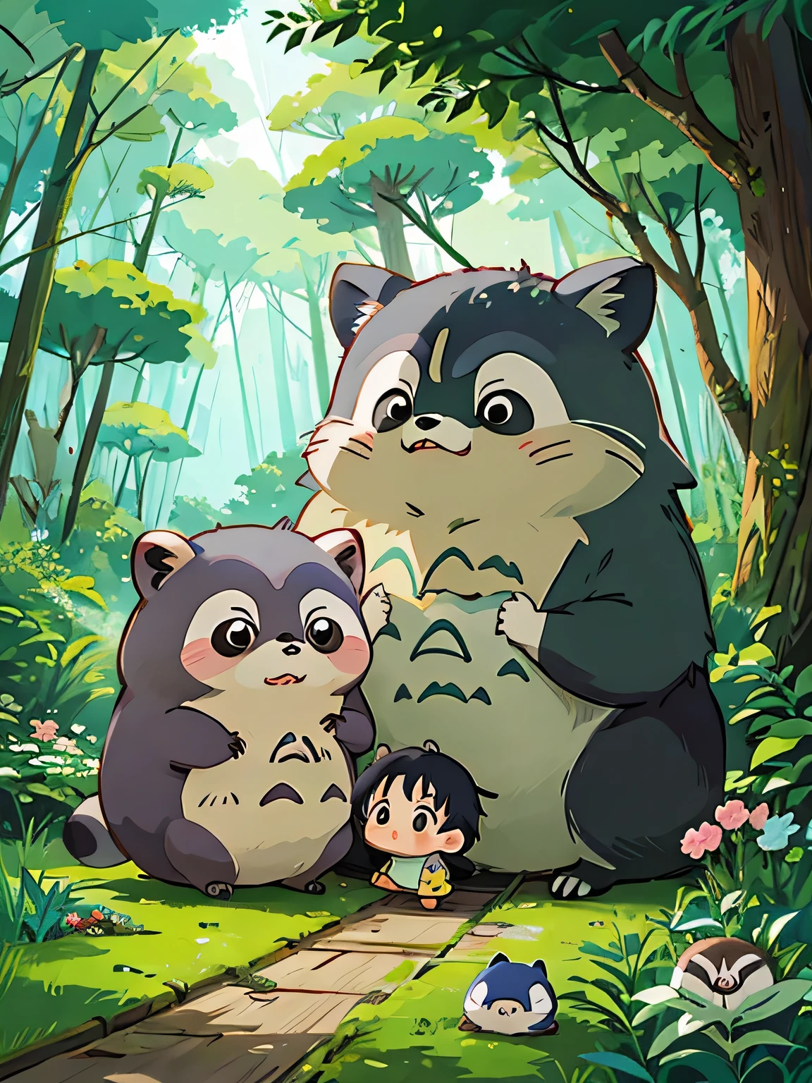 hayao miyazaki style, Kawaii Design, The most beautiful girl of all time、Chibi, Totoro、going to toilet together、Lots of cute raccoons、Playing with raccoon dogs、Totoro Forest
