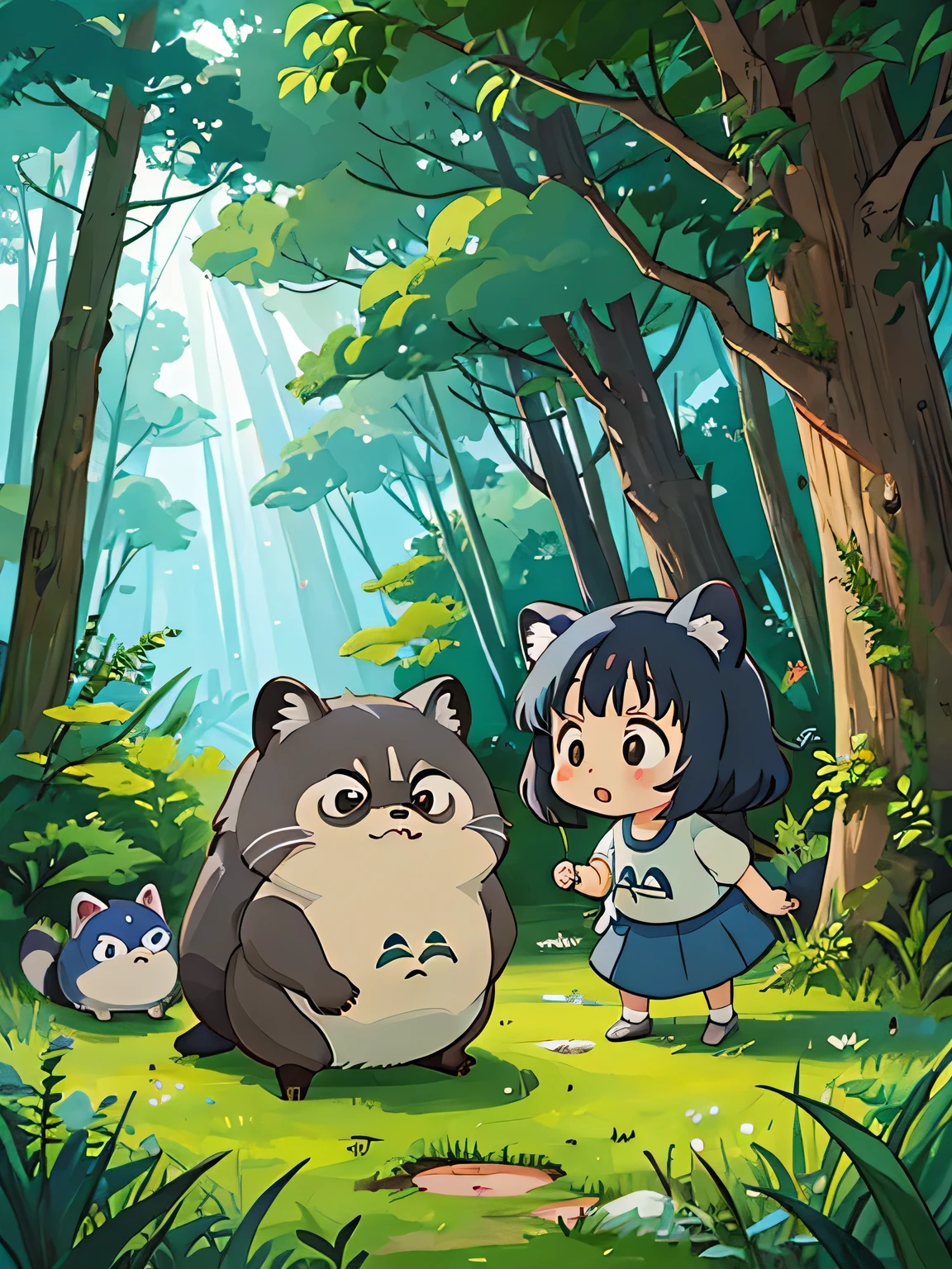 hayao miyazaki style, Kawaii Design, The most beautiful girl of all time、Chibi, Totoro、going to toilet together、Lots of cute raccoons、Playing with raccoon dogs、Totoro Forest