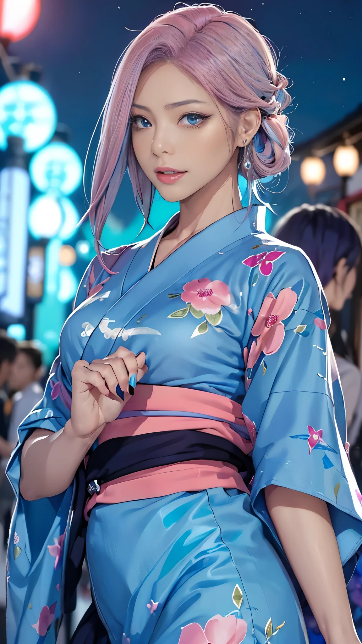 (masutepiece), (((Highest Quality)), (super detailed), 1 girl, (Iridescent hair, Colorful hair, Half blue and half pink hair: 1.2), Beautiful detailed and elaborate backgrounds、17 years old, (Yukata: 1.2), Midsummer Night、plein air, Bangs, Smile, sky-blue eyes, Perfect hands, Perfect hands, Hand Details, Corrected Fingers. earrings, Night Store + Background, up looking_in_viewer, Cowboy Shot, of the highest quality, rich detail, Perfect image quality, blue dark color、(night:1.5, Japanese Summer Festivals, Pompadour :1.3,Half-up hairstyle)