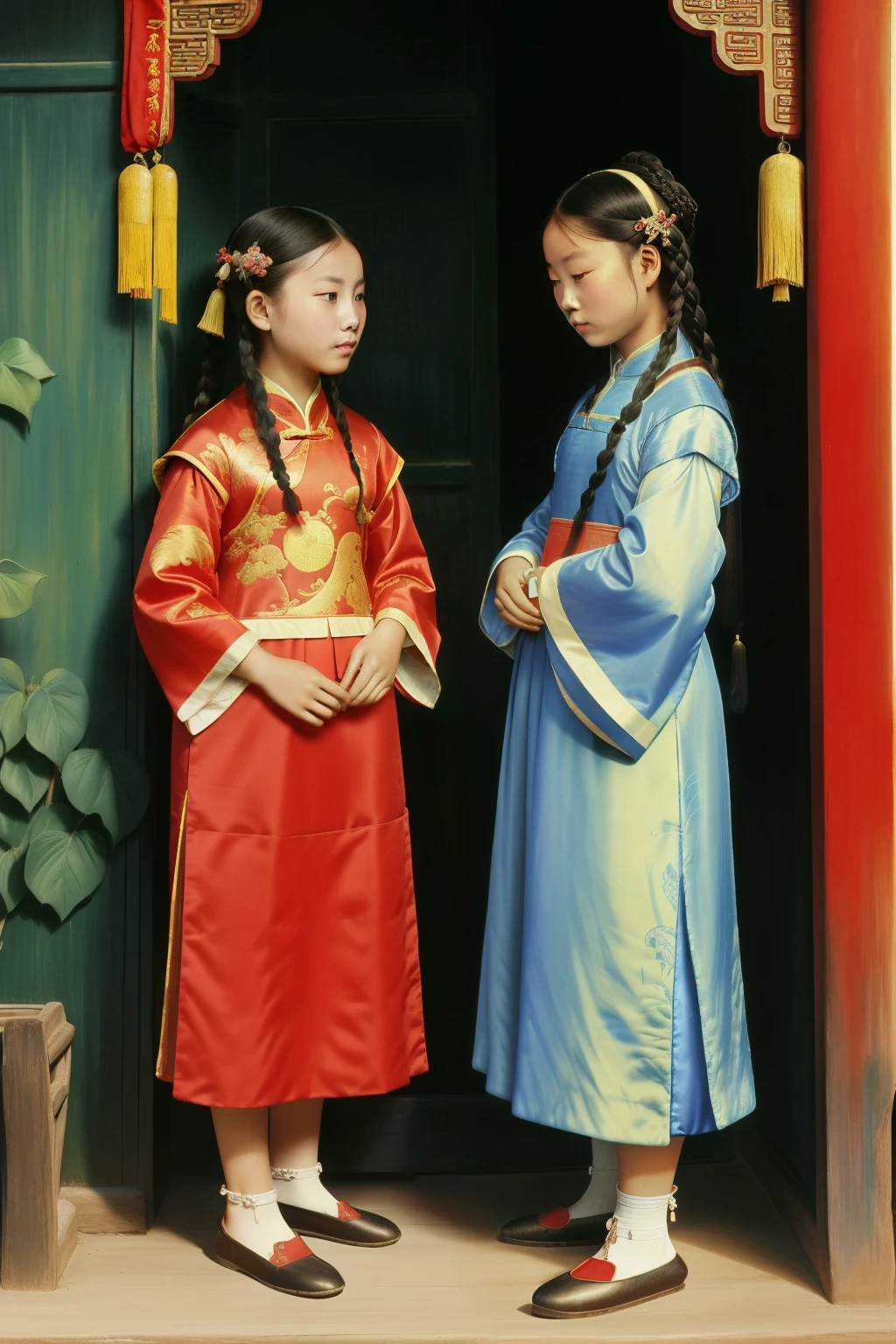 China, 1491. Two teen girls, sad, ((((chinese clothings from the 1490s)))), ((hairstyle of the 1490s)), ((colorful, Monet))