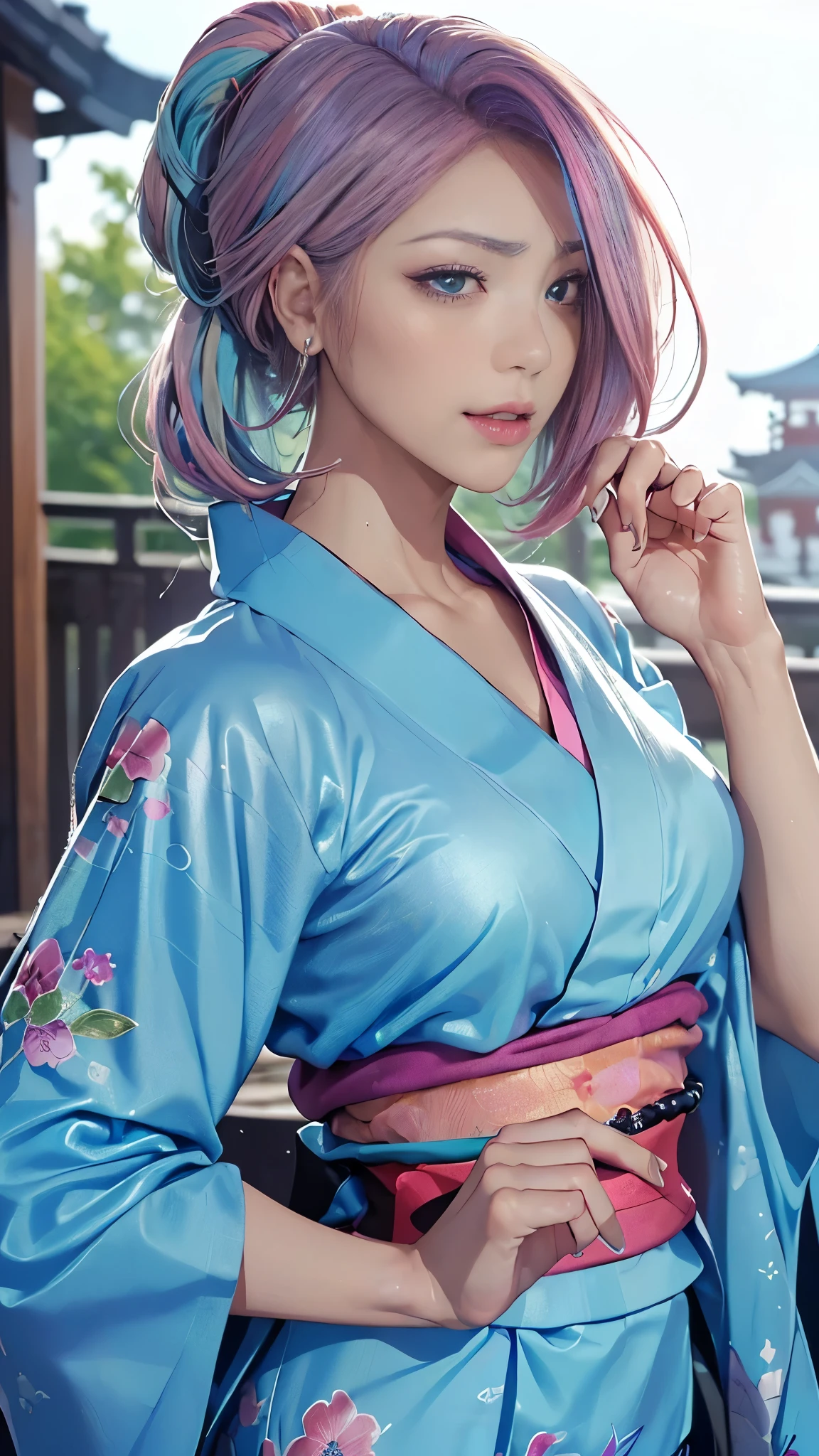 (masutepiece), (((Highest Quality)), (super detailed), 1 girl, (Iridescent hair, Colorful hair, Half blue and half pink hair: 1.2), Beautiful detailed and elaborate backgrounds、17 years old, (Yukata: 1.2), Midsummer Night、plein air, Bangs, Smile, sky-blue eyes, Perfect hands, Perfect hands, Hand Details, Corrected Fingers. earrings, Night Store + Background, up looking_in_viewer, Cowboy Shot, of the highest quality, rich detail, Perfect image quality, blue dark color、(night:1.5, Japanese Summer Festivals, Pompadour :1.3,Half-up hairstyle)