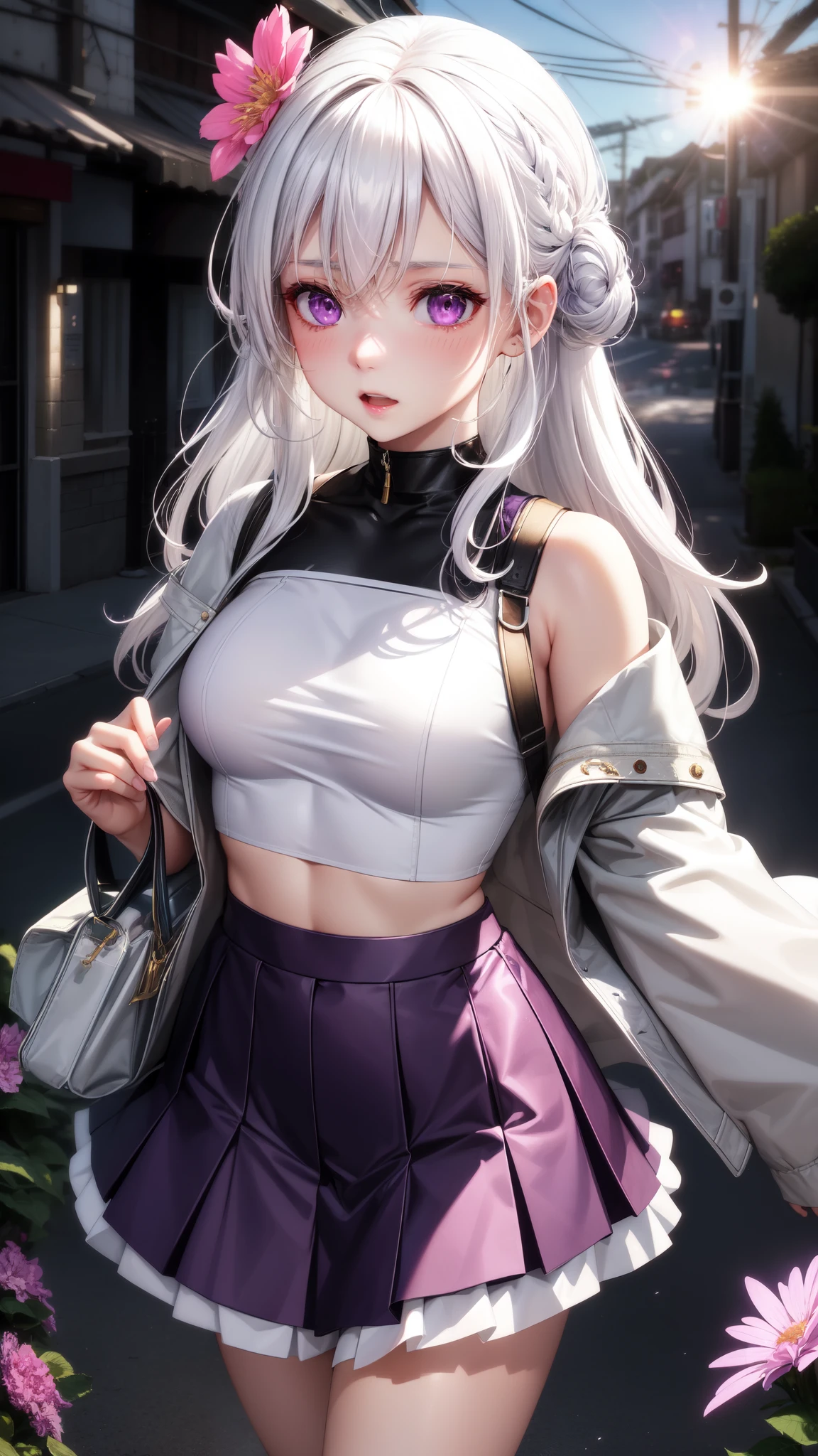 Practical, 1 Girl, white hair, Purple Eyes, Glowing eyes, Crop Top, skirt, Open your mouth, blush, night, Flowers, sun, sunlight,