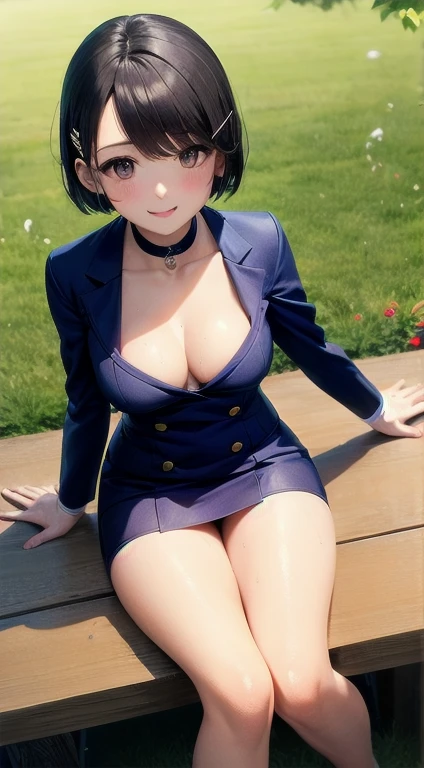 1 Girl,  blush, cosmetics, Blue Uniforms, whole body, Wide Angle, from above, garden,Light, glow, thigh , clavicle, Willow Waist, (On the table), wallpaper,Wet、Micro bra that can be seen through clothes、Black short hair，Smile，greet，Hairpin，low collar，ditch，(((，pray)))，Under the cherry trees，Heart-shaped neckline，Chest dew，Lend a helping hand，Uniforms，Suits，Black suit，Bare legs，cute