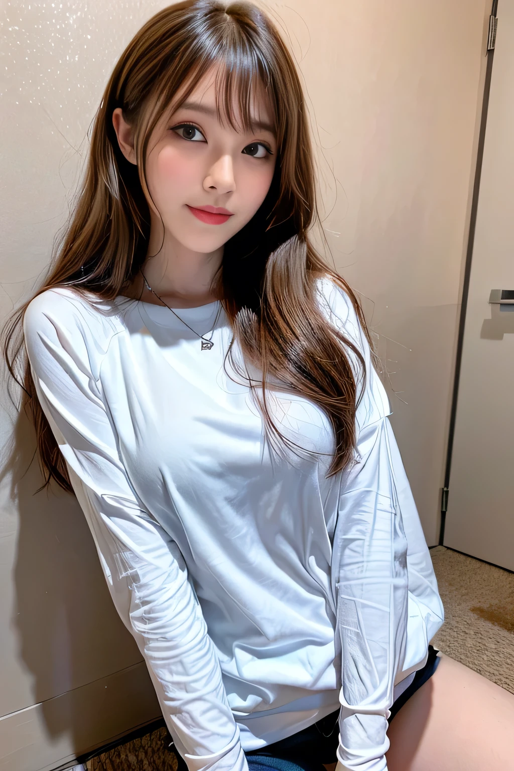 ((Full Body Angle))、((highest quality, 8K, masterpiece: 1.3)), concentrated: 1.2, Cute girl 1,Nipples erect、 Perfect beauty: 1.4,Cut and sewn T-shirt Raglan sleeve summer short sleeve T-shirt.Shorts: 1.2,Long sleeve、Randall Color、comics＆Text Graphics、Black ruffle-trimmed drawstring zip blouse,1.1, Highly detailed face and skin textures, Fine grain, double eyelid, whitening skin, ,highest quality,Ultra-high resolution,you,1 girl,alone,_Shiny_skin,Iris,necklace,((Brown_length_Wavy_hair)),(lips)),eyelash,Front hair,deal with,compensate,Shiny,pore,skin texture,Large Breasts、smiling face、