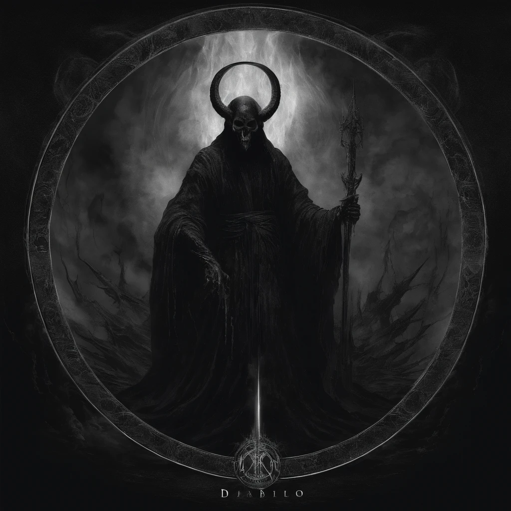 Hell God, lucifer, black face, no face, re eyes, holding glowing light sword, glowing text, against giant hell lord, ((circle light symbol)), behind head, dark fantasy art, death metal album cover, smoke, fire, lord of hell, ((diablo)), ((satanic))