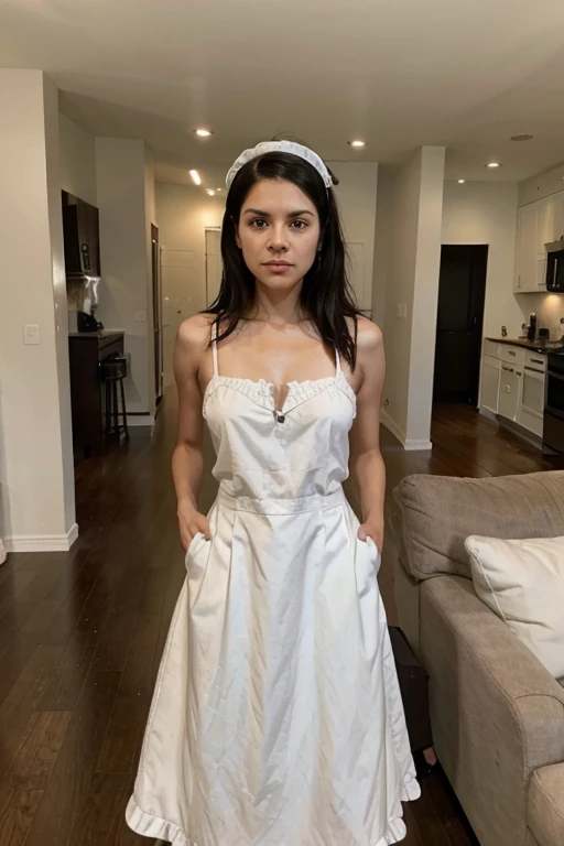 a woman, 33 years old, Mexican, white skin, thin body, medium black hair, brown eyes, medium chest, dressed as a maid, posing standing in her living room.