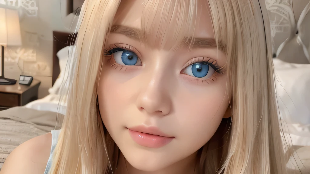 A very white and beautiful 20-year-old blonde girl、masterpiece, highest quality, shape, Ultra-fine detail, Natural platinum blonde with a natural shine、Super long straight silky hair、Super long hair like Rapunzel、Hair tangled all over the body、bangs over eyes、bangs on the face、Messy bangs、High resolution, 8K TV Wallpaper, Perfect dynamic composition, Big, bright, light blue eyes that shine beautifully、Very big eyes、of hotel(bed)、Small Face Beauty、Round face、double eyelid、Cheek gloss highlighter、On all fours