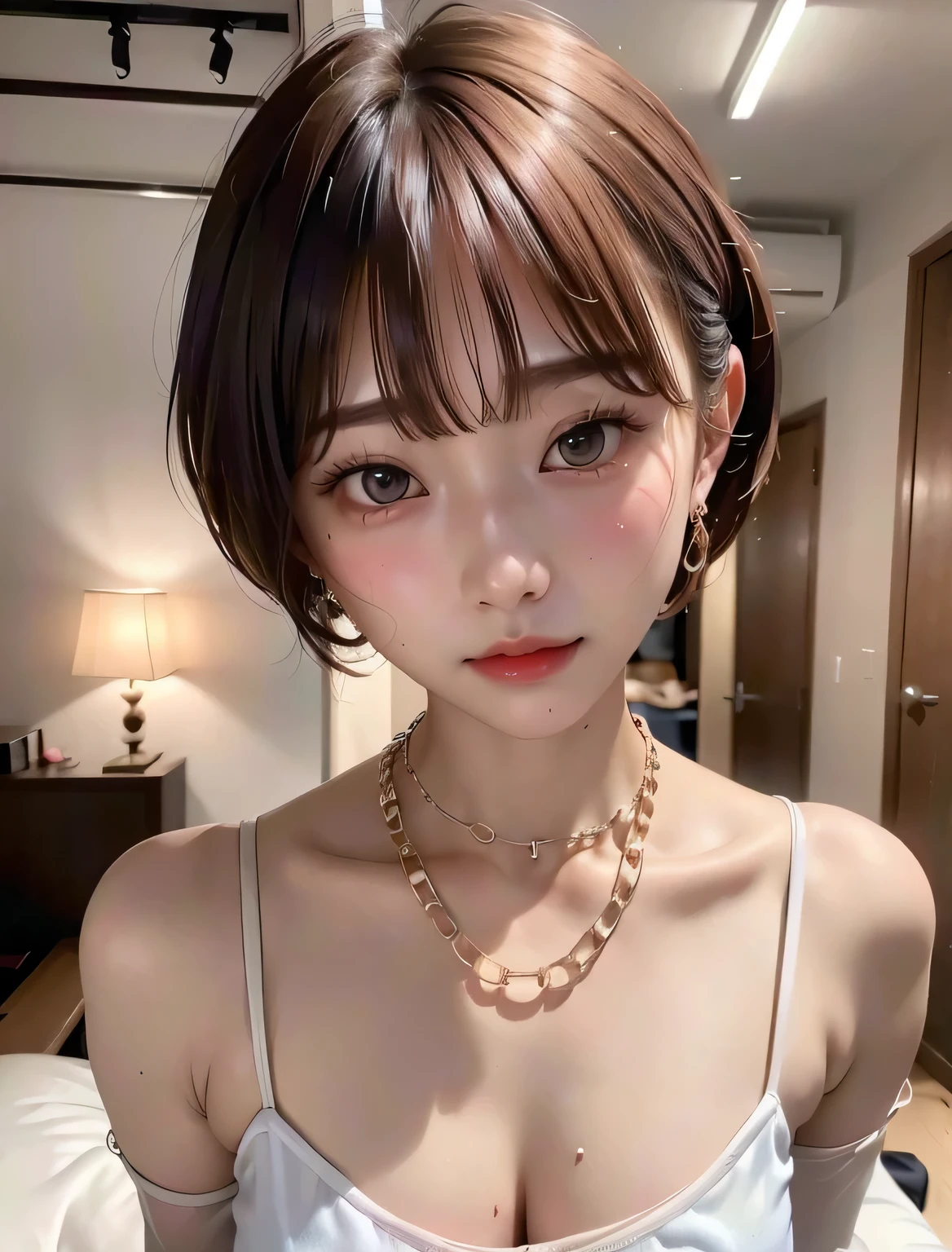 (highest quality:1.4)、(masterpiece:1.4)、RAW Photos、8k、((Best image quality))、 ((High resolution))、Beautiful face in every detail、Realistic human skin、Gentle expression、(One Woman:1.3)、Realistic、Photorealistic、(((Bob Hair)))、(The most beautiful woman:1.3)、(Cute Japanese Girl)、((Beautiful woman))、(Beautiful Hair)、((Dark brown hair))、(((Red cheeks)))、(Her eyes are big:1.3)、20 year old beauty、(Her face is small)、Small Head、((Long neck))、White skin、Immaculate skin、With bangs、Everyone longs for、Beautiful Japanese women、((eight-headed body))、(necklace)、((Bedroom))、((bed))、(negligee)、((Young women respect her))、(Blushing:1.3)、(Thick chain collar:1.3)、(Night Scene:1.3)、