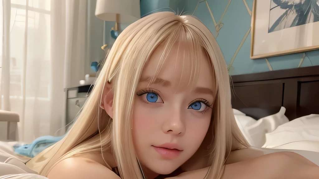 A very white and beautiful 20-year-old blonde girl、masterpiece, highest quality, shape, Ultra-fine detail, Natural platinum blonde with a natural shine、Super long straight silky hair、Super long hair like Rapunzel、Hair tangled all over the body、bangs over eyes、bangs on the face、Messy bangs、High resolution, 8K TV Wallpaper, Perfect dynamic composition, Big, bright, light blue eyes that shine beautifully、Very big eyes、of hotel(bed)、Small Face Beauty、Round face、double eyelid、Cheek gloss highlighter、On all fours