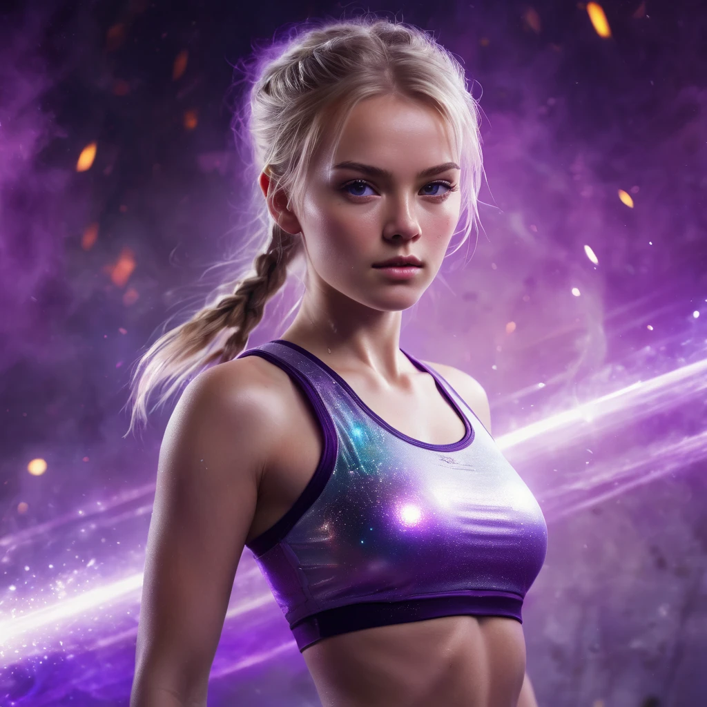 A handsome Norwegian girl, sharp eyes, clear facial features, wearing top tank, combat posture, martial arts movements, body surrounded by purple mist, runes around, holographic reality, holographic halo, motion blur, game light effects, edge light, soft light, movie edge light, delicate light, masterpiece, super detailed, epic composition, super HD, high quality, highest quality, 32k