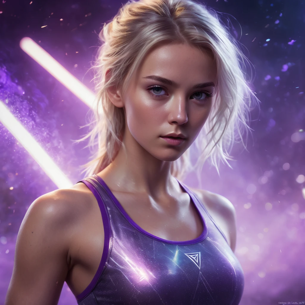 A handsome Norwegian girl, sharp eyes, clear facial features, wearing top tank, combat posture, martial arts movements, body surrounded by purple mist, runes around, holographic reality, holographic halo, motion blur, game light effects, edge light, soft light, movie edge light, delicate light, masterpiece, super detailed, epic composition, super HD, high quality, highest quality, 32k