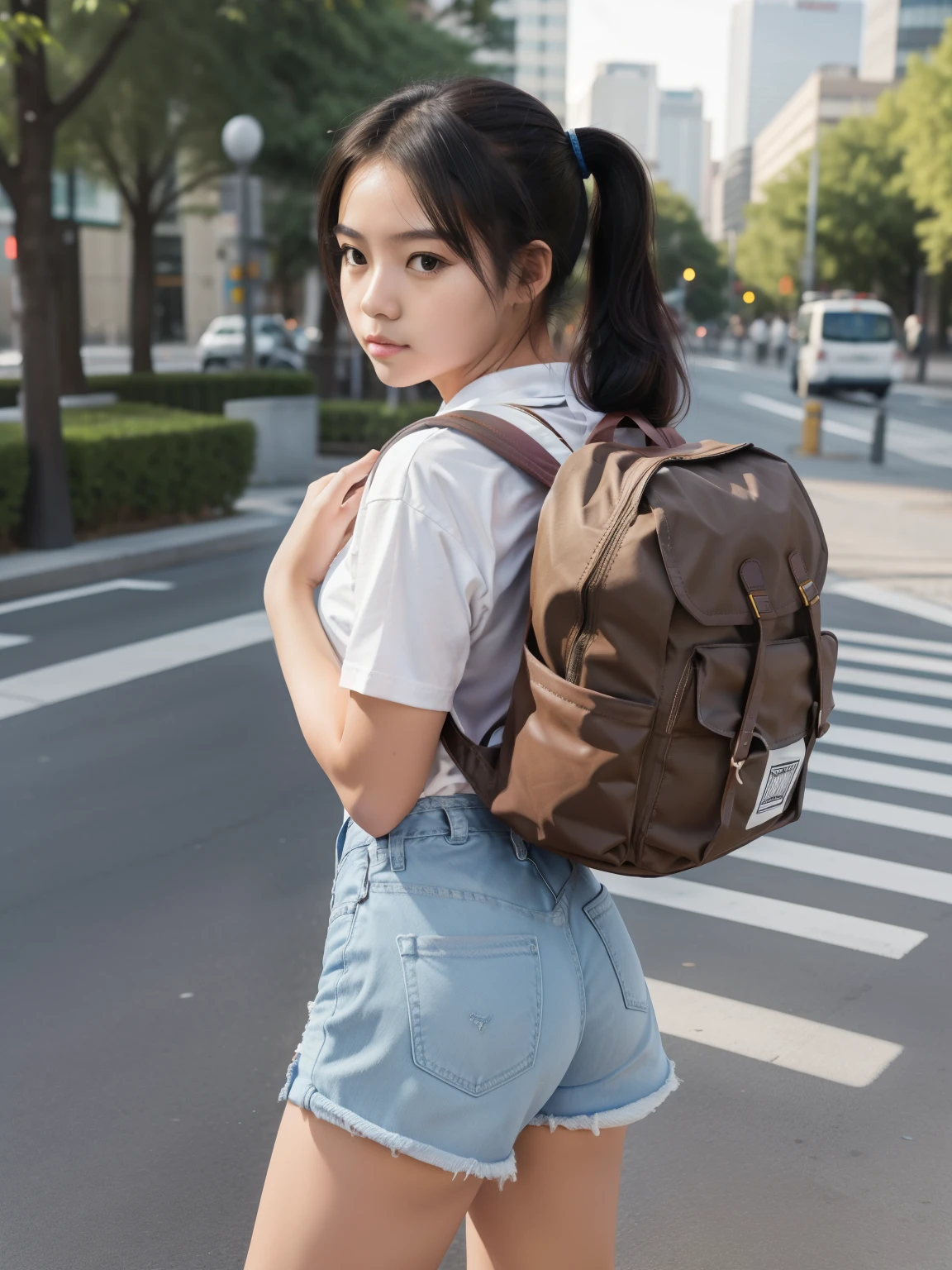 Masterpiece, hd, 1girl, 20 y.o, black hair, ponytail, wear white shirt, denim minipants, wear sneakers, carrying travel backpack, square backpack, standing, upper body, city