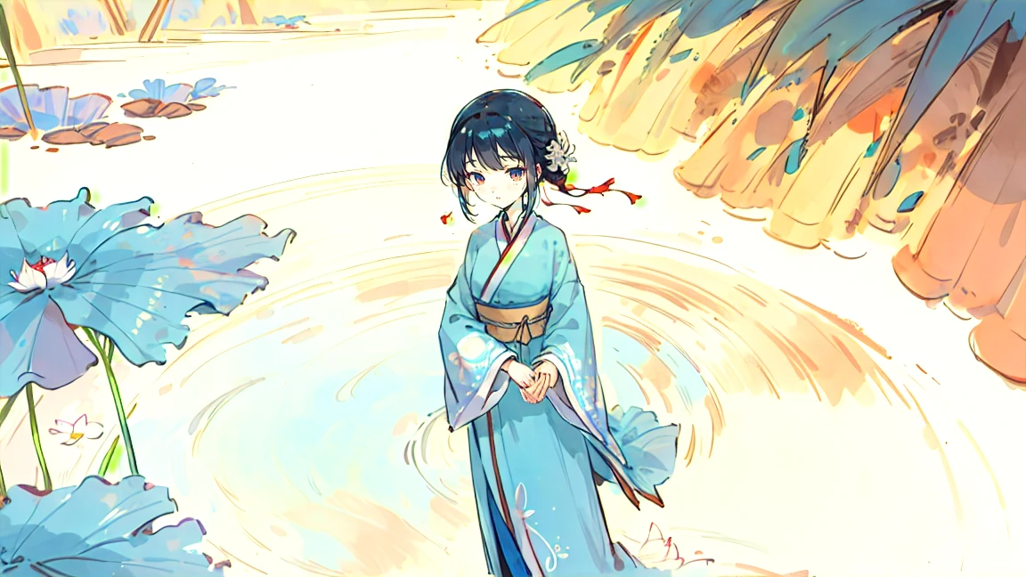 ((4K,masterpiece,highest quality)), Shui Movissim, Traditional Chinese Ink Painting, Lotus, Hanfu, Maxi Kit, A girl dressed modestly, alone, Long Blue Hair, smile, Are standing, Soak your feet in water, barefoot,