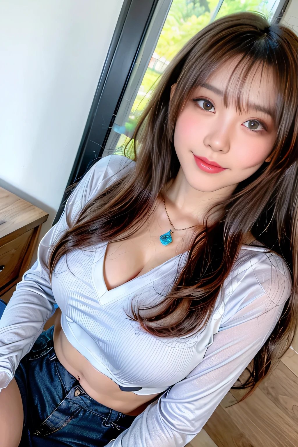 ((Full Body Angle))、((highest quality, 8K, masterpiece: 1.3)), concentrated: 1.2, Cute girl 1,Nipples erect、 Perfect beauty: 1.4,Cut and sewn T-shirt Raglan sleeve summer short sleeve T-shirt.Shorts: 1.2,Long sleeve、Randall Color、comics&Text Graphics、Black ruffle-trimmed drawstring zip blouse,1.1, Highly detailed face and skin textures, Fine grain, double eyelid, whitening skin, ,highest quality,Ultra-high resolution,you,1 girl,alone,_Shiny_skin,Iris,necklace,((Brown_length_Wavy_hair)),(lips)),eyelash,Front hair,deal with,compensate,Shiny,pore,skin texture,Large Breasts、smiling face、