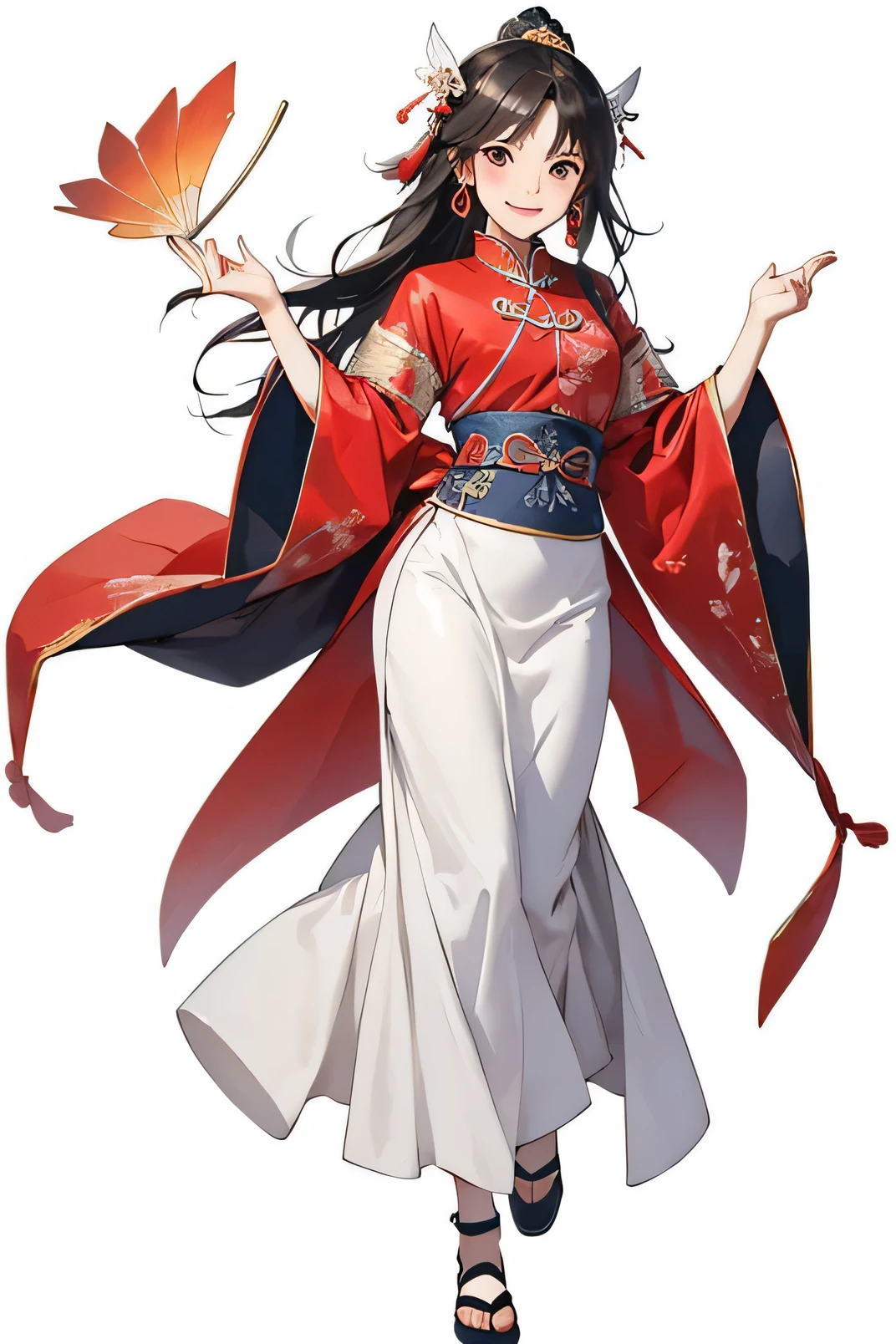 Beauty，Tang Dynasty Clothing，Tang dynasty long skirt，Positive smile，Long fluttering hair，Holding with both hands，Raise both hands，Full body standing，Blank Background
