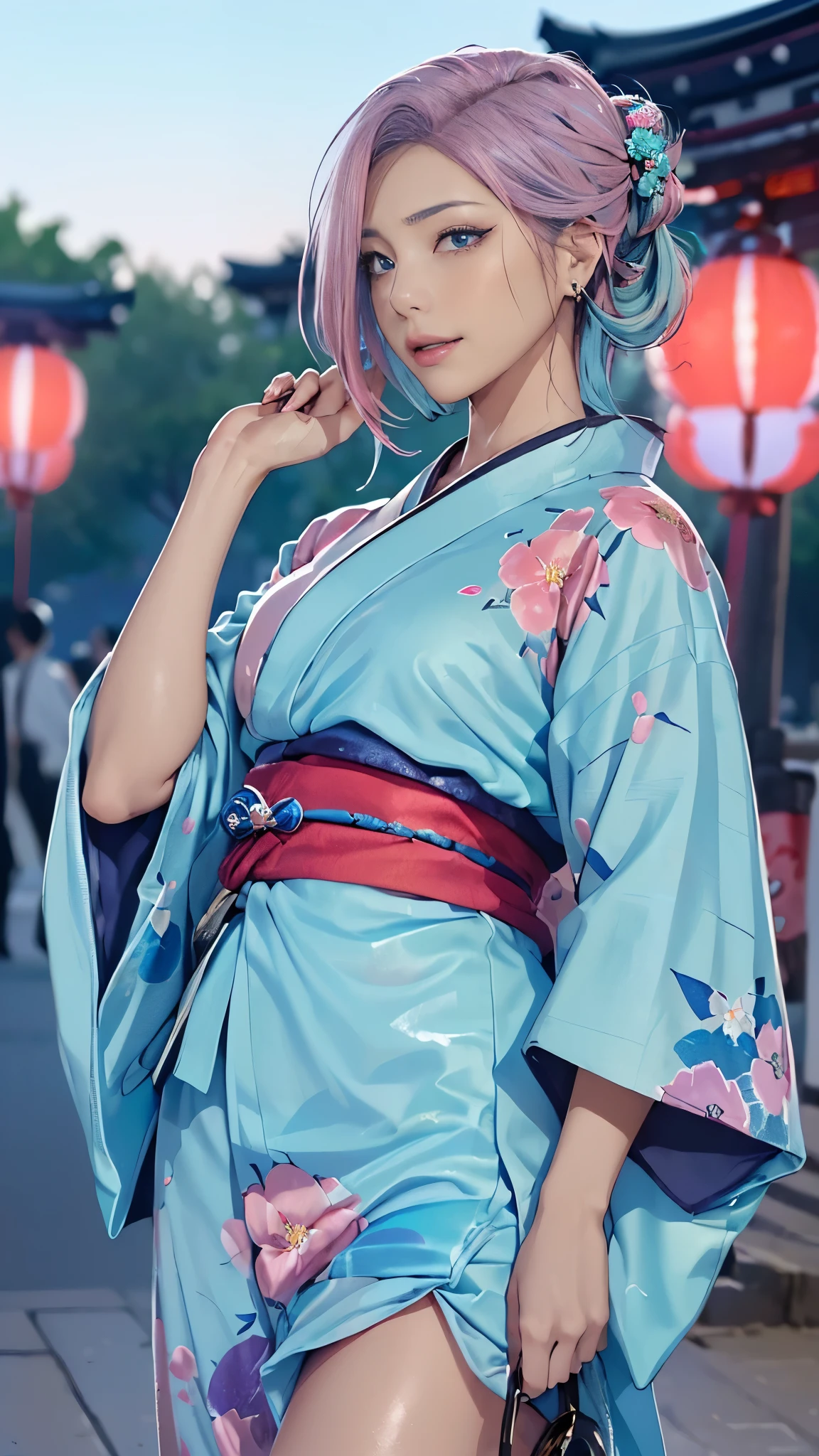 (masutepiece), (((Highest Quality)), (super detailed), 1 girl, (Iridescent hair, Colorful hair, Half blue and half pink hair: 1.2, Beautiful detailed and elaborate backgrounds:1.2), 17 years old, (Yukata: 1.2), Midsummer Night、plein air, Bangs, Smile, sky-blue eyes, Perfect hands, Perfect hands, Hand Details, Corrected Fingers. earrings, Night Store + Background, up looking_in_viewer, Cowboy Shot, of the highest quality, rich detail, Perfect image quality, blue dark color、(night:1.5, Japanese Summer Festivals, Pompadour hairstyle:1.2)