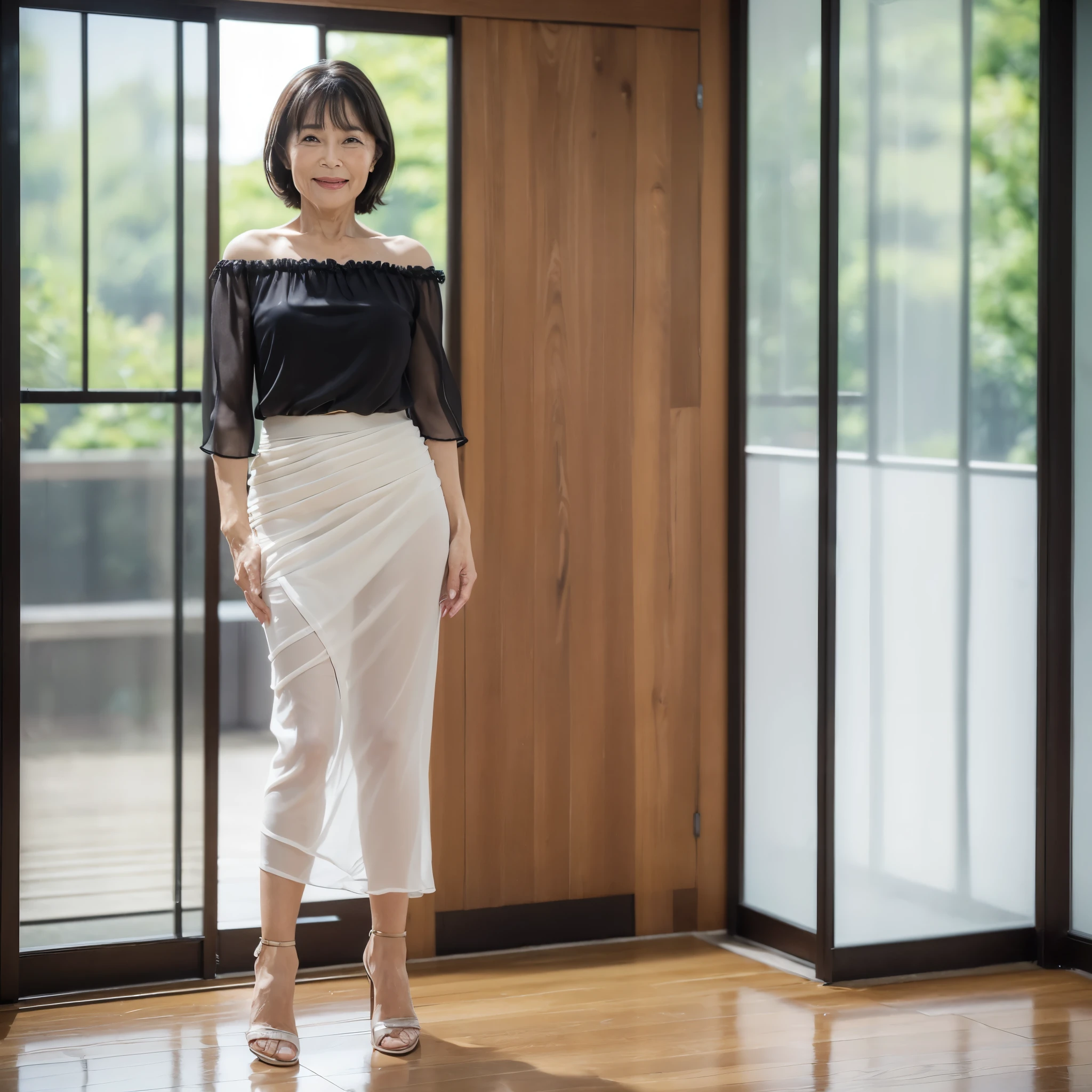 ((highest quality)), ((8K)), ((masterpiece: 1.3)), (Photorealism: 1.6), (Japanese mature women standing and talking), (Bright and spacious entrance hall with glass walls: 1.4), (The background is blurred: 1.8), (A woman standing facing diagonally forward: 1.4), (Angle from the feet: 1.4), (A man stands opposite a woman: 1.4), BREAK(Man in the back: 1.4),BREAK (46-year-old woman), (Perfect looks), ((Realistic skin texture)), (Fine lines all over the skin), (Dull skin), (Facial wrinkles), (Wrinkles around the eyes), double eyelid, Tear bags under the eyelids, (Laugh with a scrunched up face), Short bangs, Short Hair, (Smooth: 1.6), (Chiffon blouse: 1.2), (Tight Skirt), (High heels),