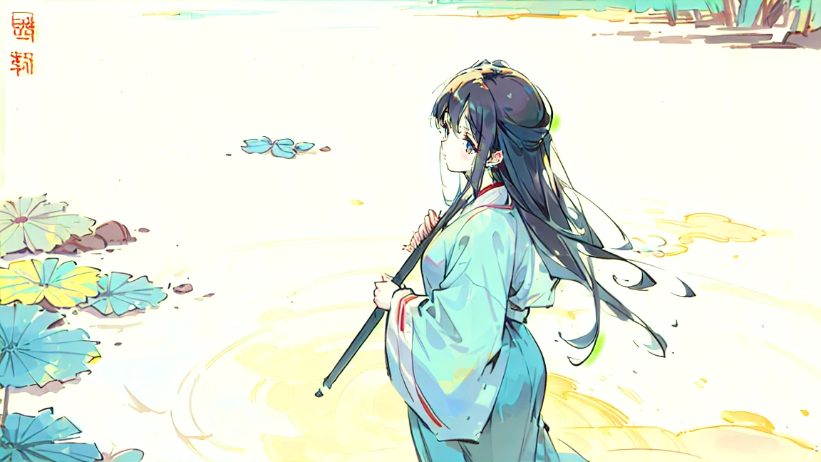 ((4K,masterpiece,highest quality)), Shui Movissim, Traditional Chinese Ink Painting, Lotus, Hanfu, Maxi Kit, A girl dressed modestly, alone, Long Blue Hair, smile, Are standing, Soak your feet in water, barefoot,