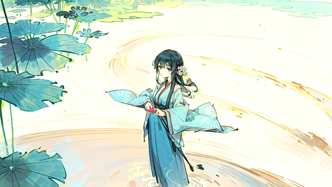 ((4K,masterpiece,highest quality)), Shui Movissim, Traditional Chinese Ink Painting, Lotus,  Hanfu, Maxi Kit, A girl dressed modestly, alone, Long Blue Hair, smile, Are standing, Soak your feet in water, barefoot,
 