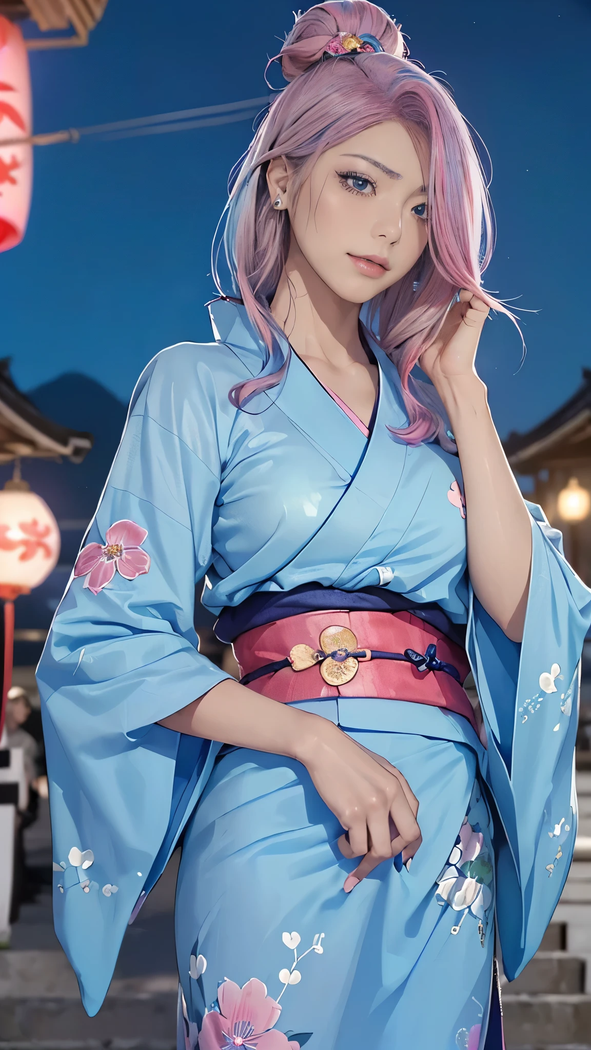 (masutepiece), (((Highest Quality)), (super detailed), 1 girl, (Iridescent hair, Colorful hair, Half blue and half pink hair: 1.2, Beautiful detailed and elaborate backgrounds:1.2), 17 years old, (Yukata: 1.2), Midsummer Night、plein air, Bangs, Smile, sky-blue eyes, Perfect hands, Perfect hands, Hand Details, Corrected Fingers. earrings, Night Store + Background, up looking_in_viewer, Cowboy Shot, of the highest quality, rich detail, Perfect image quality, blue dark color、(night:1.5, Japanese Summer Festivals, Pompadour hairstyle:1.2)