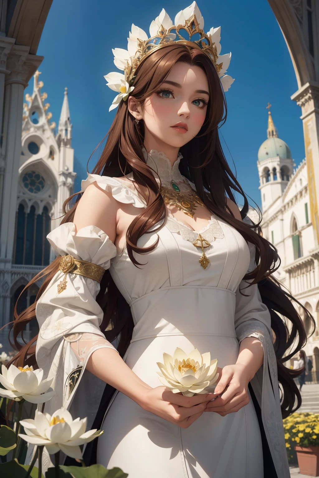 Masterpiece, top-tier quality, 16K UHD,
Standing,
Auburn-haired woman beside St. Mark's Cathedral in Venice, a white lotus floating in a mixed media style, painted in abstract,
Imagery rendered in high resolution, photorealistic,
Abstract lotus petals intertwine with intricate Gothic architecture,
Auburn hair cascades down in loose waves,
Detailed facial features,
Anatomically correct,
Highly detailed facial and hair texture,
Green-hazel eyes,
Auburn eyebrows,
Red lips slightly parted,
St. Mark's Cathedral serves