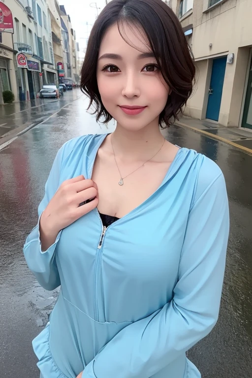 ((highest quality, 8k, masterpiece:1.3)), concentrated: 1.2, Perfect body beauty: 1.4, Hips: 1.2, ((Layered Haircut, chest: 1.2)), (Wet clothes: 1.1), (rain, street:1.3), Bandeau dress: 1.1, Highly detailed face and skin texture, Fine Eyes, double eyelid, Whitening skin, Long Hair, (shut up: 1.3), smile