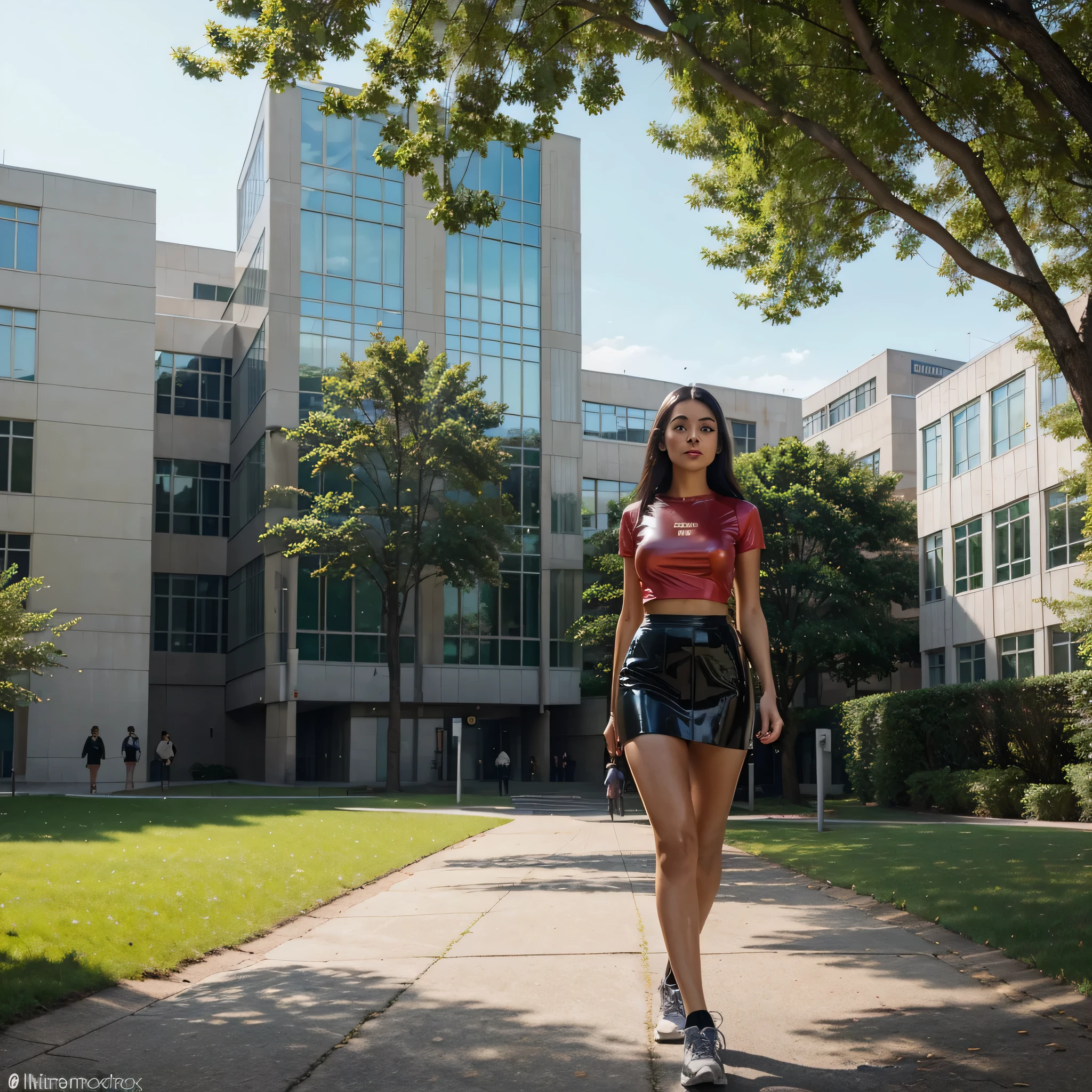 Create a realistic photograph of a girl wearing a short latex skirt and matching red top on a university campus. The image should capture her confidently walking or standing amidst iconic campus landmarks, such as buildings, pathways, or a library. The glossy texture of the latex outfit should be highlighted by natural lighting, showcasing its shine and her bold fashion choice. Include elements like other students, greenery, and university architecture to emphasize the vibrant and dynamic campus environment. (From behind)