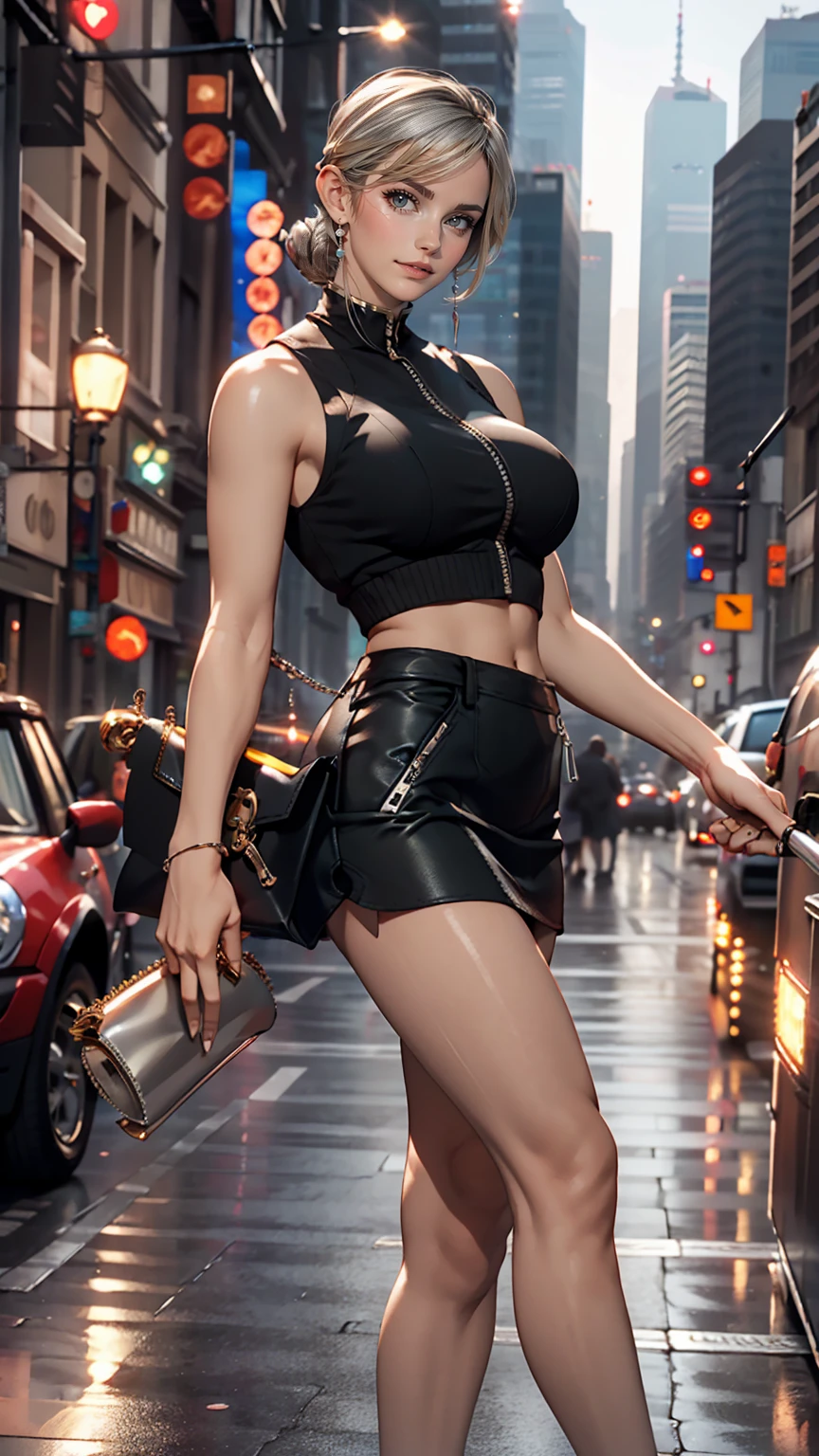 26 year old Caucasian female、Wear a black sleeveless zipper-up top、Navel visible、Lower milk visible、Wear a low-rise black mini skirt、Wear stiletto heels、Have a clutch bag、Side Tail((side drill))、Silver Hair、smile、Skyscraper background