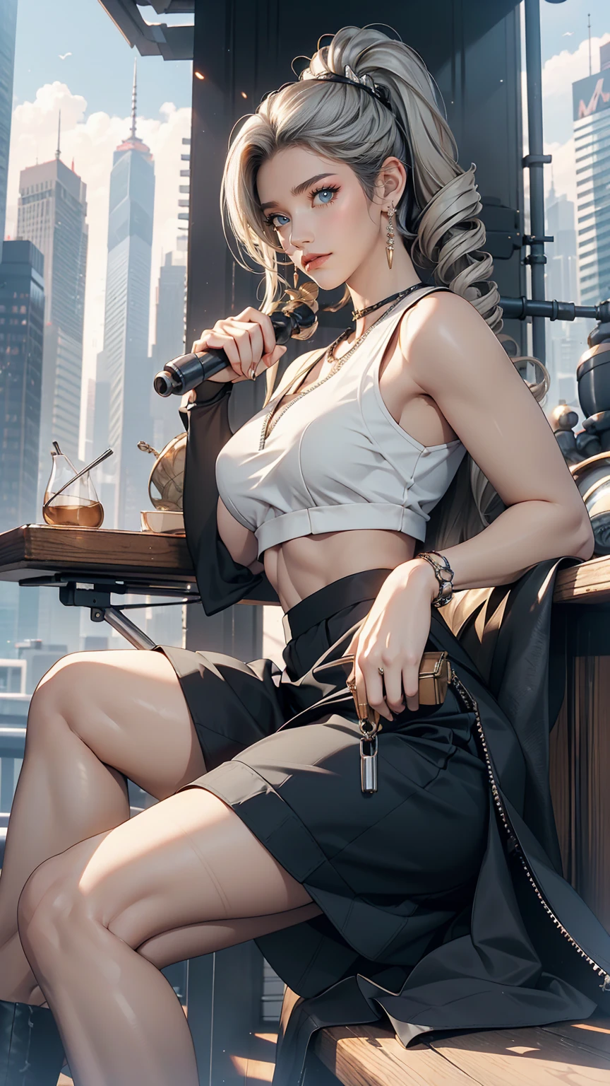 26 year old Caucasian female、Wear a black sleeveless zipper-up top、Navel visible、Lower milk visible、Wear a low-rise black mini skirt、Wear stiletto heels、Have a clutch bag、Side Tail((side drill))、Silver Hair、smile、Skyscraper background