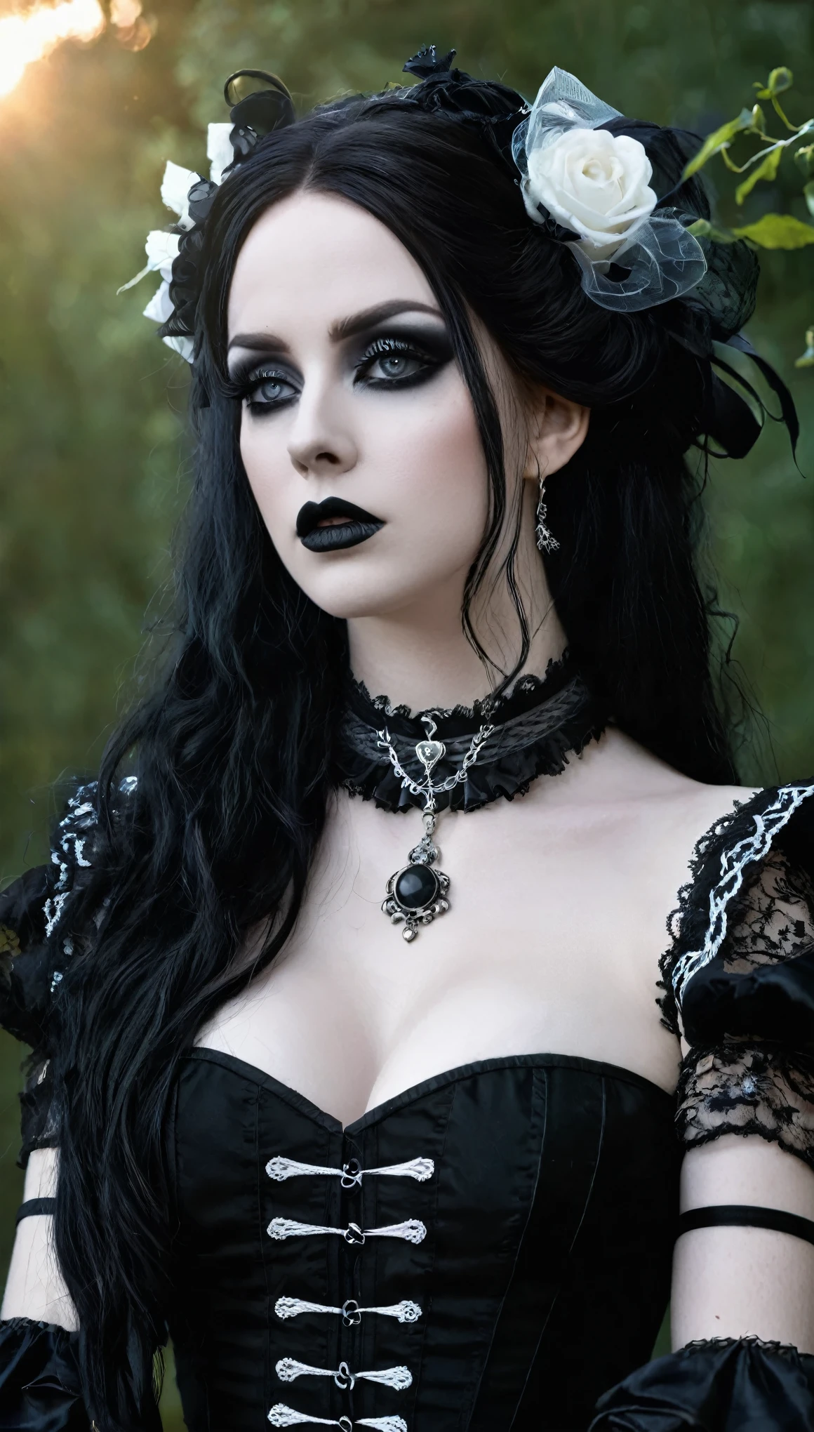 (masterpiece:1.2), (best quality:1.2), perfect eyes, perfect face, perfect lighting, 1girl, mature female gothgal standing with her hands in front, long hair, intricate hairdo, makeup, black lips, thick eyelashes, sad, melancholy, wearing a gothgal outfit, black and white dress, frills, ribbons, puffy sleeves, bare shoulders, lacey choker, jewelry, peaceful, quiet, chill, detailed outdoor background, beautiful landscape, fantasy, summer, sunny, sunburnt, flowers, trees