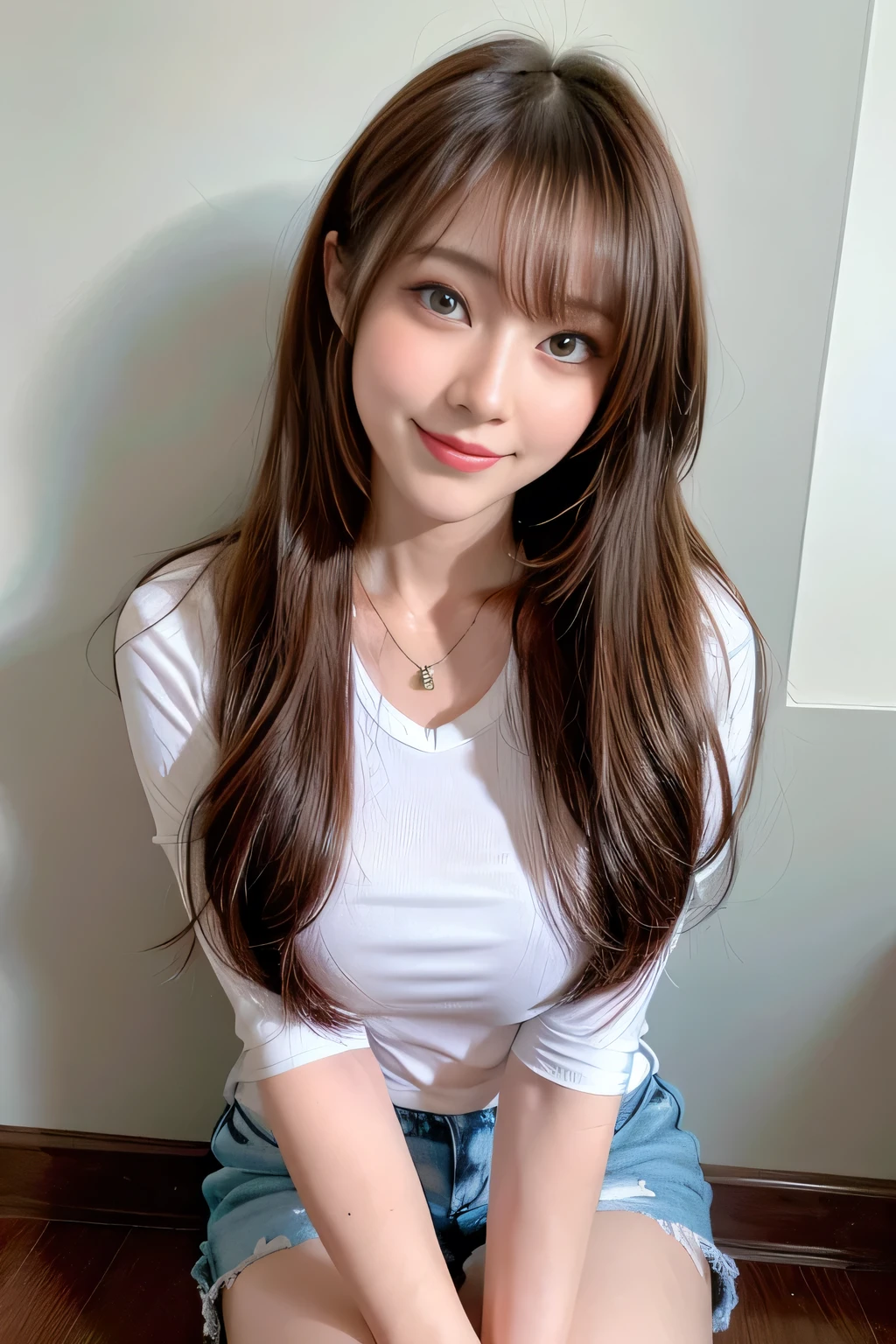 ((Full Body Angle))、((highest quality, 8K, masterpiece: 1.3)), concentrated: 1.2, Cute girl 1,Nipples erect、 Perfect beauty: 1.4,Cut and sewn T-shirt Raglan sleeve summer short sleeve T-shirt.Shorts: 1.2,Long sleeve、Randall Color、comics＆Text Graphics、Black ruffle-trimmed drawstring zip blouse,1.1, Highly detailed face and skin textures, Fine grain, double eyelid, whitening skin, ,highest quality,Ultra-high resolution,you,1 girl,alone,_Shiny_skin,Iris,necklace,((Brown_length_Wavy_hair)),(lips)),eyelash,Front hair,deal with,compensate,Shiny,pore,skin texture,Large Breasts、smiling face、