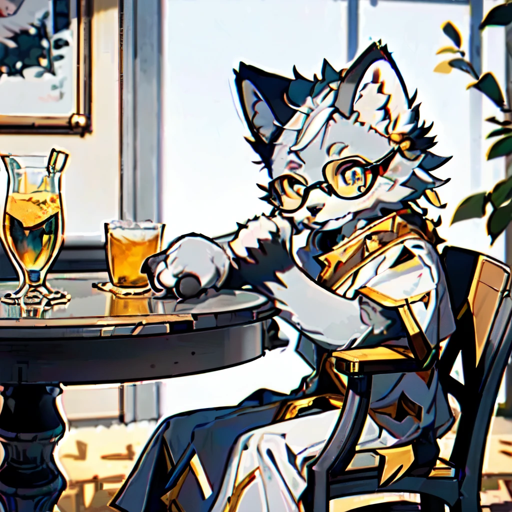 Solo, Masterpiece, High Detail, Super High Quality, High Resolution, 1080P, ((Single)), Furry, (Male Arctic Fox: 1.5), (Gray Fur: 1.5), (Gray Skin: 1.5)), Gray Ears, (Golden Eyes: 1.5), ((Gray Paws)), Canine Paws, ((Detailed Characters)), Character Focus, Wearing a Dress, Wearing a Gorgeous Watch, Wearing One-Rimmed Glasses, Sitting in a Chair, in a Restaurant, Frontal Perspective, Looking at the Viewer, yiff