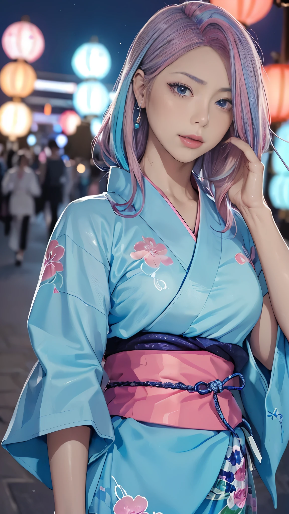 (masutepiece), (((Highest Quality)), (super detailed), 1 girl, (Iridescent hair, Colorful hair, Half blue and half pink hair: 1.2, Beautiful detailed and elaborate backgrounds:1.2), 17 years old, (Yukata: 1.2), Midsummer Night、plein air, Bangs, Smile, sky-blue eyes, Perfect hands, Perfect hands, Hand Details, Corrected Fingers. earrings, Night Store + Background, up looking_in_viewer, Cowboy Shot, of the highest quality, rich detail, Perfect image quality, blue dark color、(night:1.5, Japanese Summer Festivals, Pompadour hairstyle:1.2)