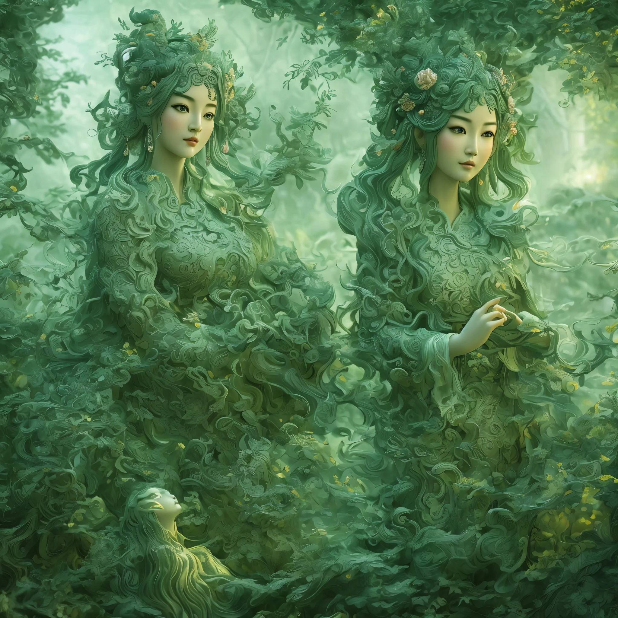 Wu Gongnuan China Artist Jade Figurine, Fairytale Visionary, digital illustration art, Details, Inspired by Rococo, Serene face, Green, Realistic hyper-detailed rendering