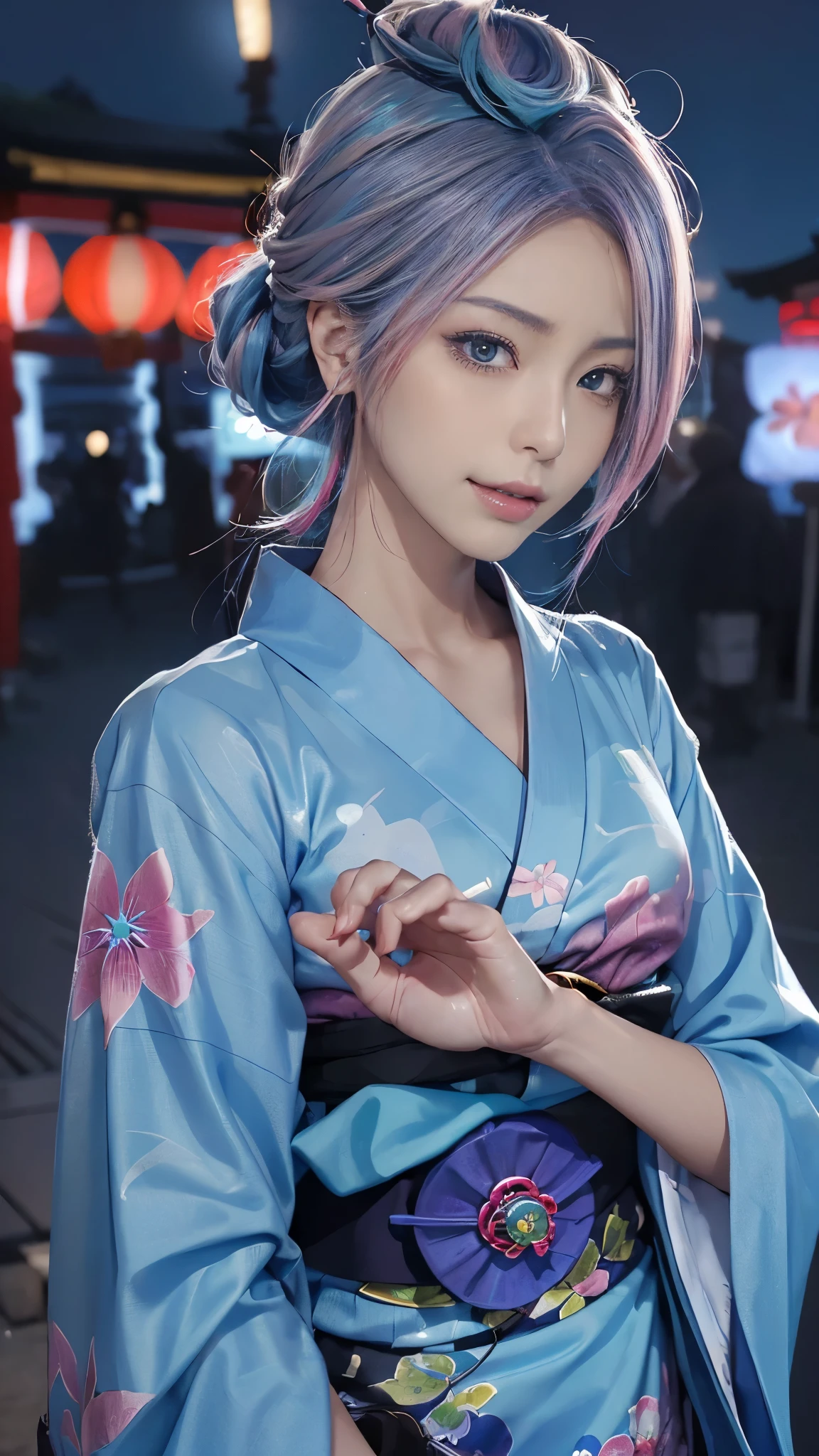 (masutepiece), (((Highest Quality)), (super detailed), 1 girl, (Iridescent hair, Colorful hair, Half blue and half pink hair: 1.2, Beautiful detailed and elaborate backgrounds)17 years old, (Yukata: 1.2), Midsummer Night、plein air, Bangs, Smile, sky-blue eyes, Perfect hands, Perfect hands, Hand Details, Corrected Fingers. earrings, Night Store + Background, up looking_in_viewer, Cowboy Shot, of the highest quality, rich detail, Perfect image quality, blue dark color、(night:1.5, Japanese Summer Festivals, Pompadour hairstyle:1.3)