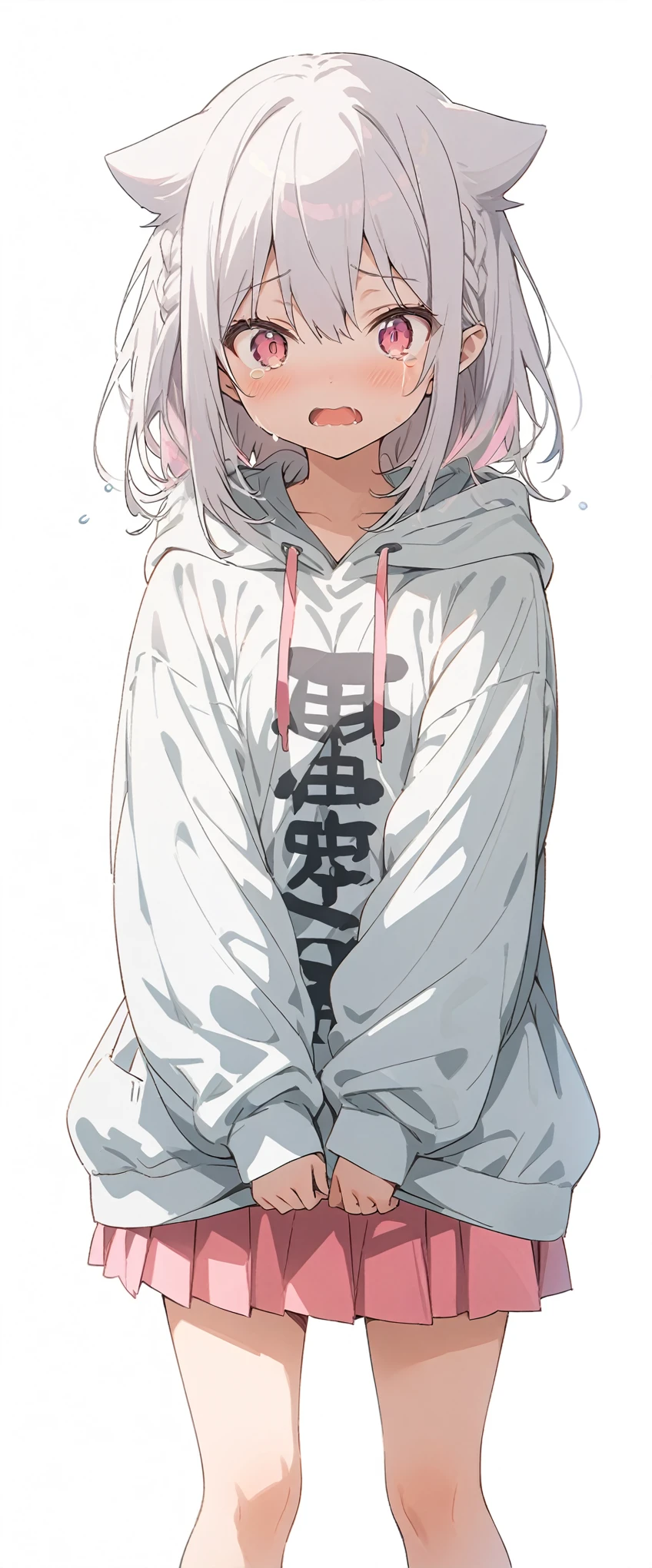 White background、white background、Blank background、Ultra-high resolution, highest quality,Solo,just standing girl, One young girl、Full body view from the front、fish-bone braid hair、Fishbone Hair、grayish white hair、beautiful detailed eyes、Grey hair x pink eyes、pink eyes、shedding large tears、Troubled expression、Open your mouth wide、Ample breasts、Plain white hoodie、Pink pleated skirt、barefoot