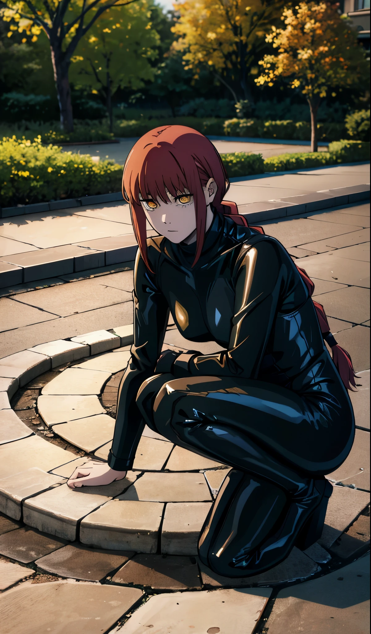 makima csm, yellow spiral eyes, red hair in braid, black latex catsuit, long sleeves turtleneck, squat, looking at camera 