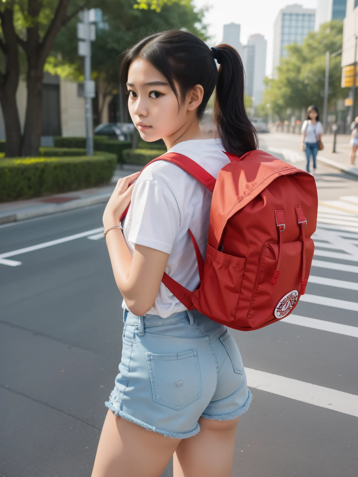 Masterpiece, hd, 1girl, 20 y.o, black hair, ponytail, wear white shirt, denim minipants, wear sneakers, carrying red backpack, kanken backpack, (kanken:1.1), standing, upper body, city