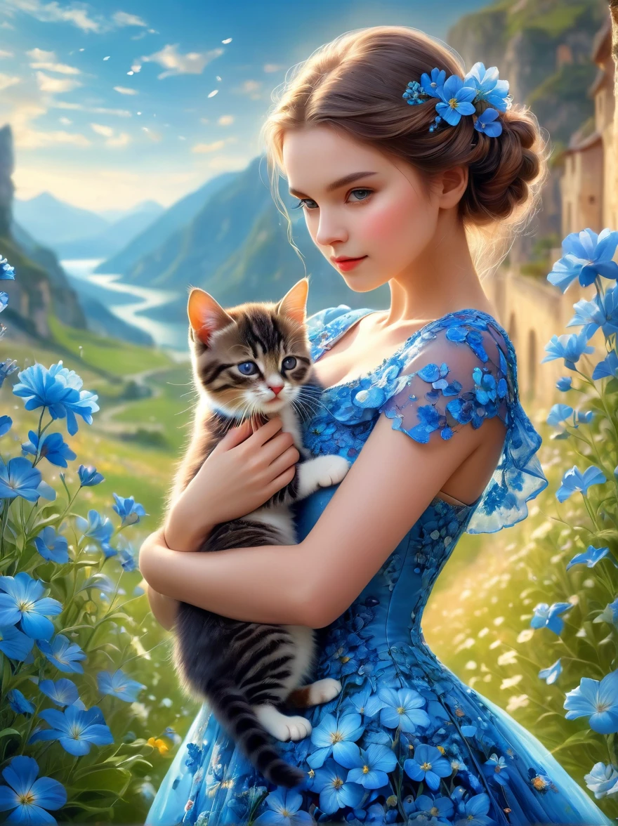 pam-flwr，Beautiful young girl wearing a beautiful dress made of blue flowers，Holding a cute kitten，Beautiful landscape background，Bokeh，Highly detailed，lifelike，Lifelike，Studio Photos，Highly detailed，dynamic，，masterpiece，complex，hdr，Abstract fractal，Romantic atmosphere, (UHD, anatomically correct, masterpiece, ccurate, 8k)