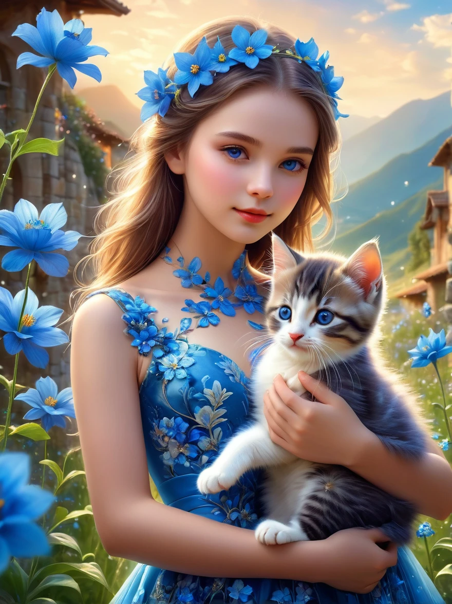 pam-flwr，Beautiful young girl wearing a beautiful dress made of blue flowers，Holding a cute kitten，Beautiful landscape background，Bokeh，Highly detailed，lifelike，Lifelike，Studio Photos，Highly detailed，dynamic，，masterpiece，complex，hdr，Abstract fractal，Romantic atmosphere, (UHD, anatomically correct, masterpiece, ccurate, 8k)