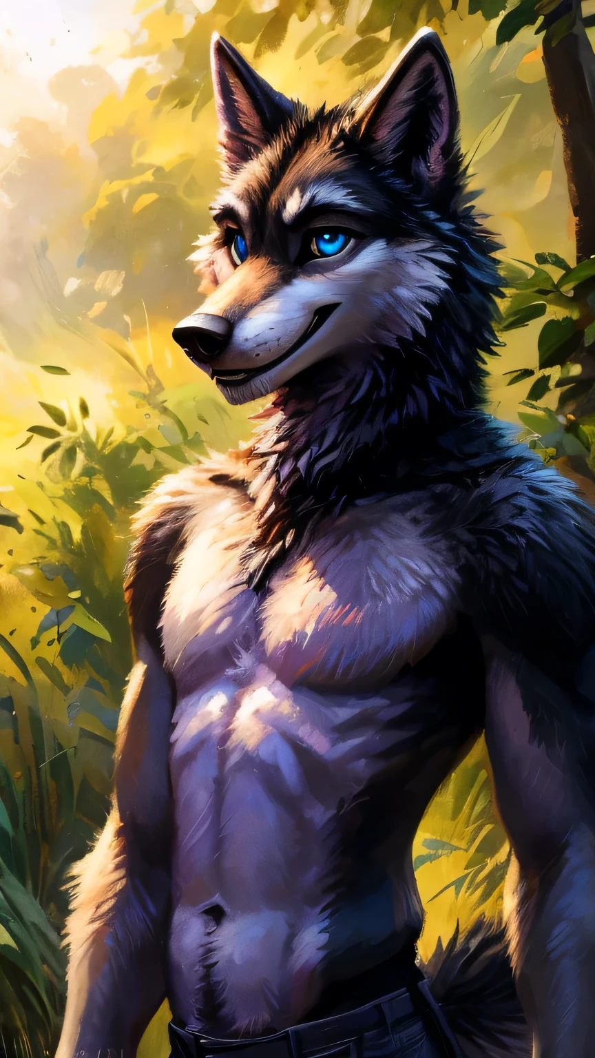 Sunlight, masterpiece, high quality, solitary, teenagerfurry, hairy, teenager, black Wolf, Black tail hairstyle,Purple eyebrows，blue eyes，Purple Iris Works, Have muscles, Detailed hands, Blackback，Purple belly，Black arm，Purple Chin，Purple Neck，teal blue nails，Delicate face, Exquisite eyes, Detailed body, Flat body, Skinny,Sly smile emoji，Showing wolf teeth， paw, high resolution,  No shirt, No underwear, Natural background，daytime,  big eyes, slim body,Kenket&#39;s Art