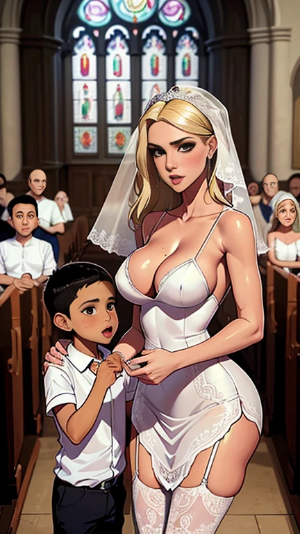 Photo of a hot and sexy tall busty BLONDE bride with a small son (Shota) having sex in a church , A nine-year-old boy penetrating and holding Bride grabbing her chest in the church , son penetrating her with his erection (agarrar) ((agarrar el pecho)), Sexy Bride in mini dress in church showing her tits, Modelo Mujer Latina Alta novia hermosa , La mejor calidad, ojos expresivos, Cara perfecta, sexy bride and her little son having sex in church , Son penetrating topless mom bride with his erection , Mom bride topless in the church wet and moaning