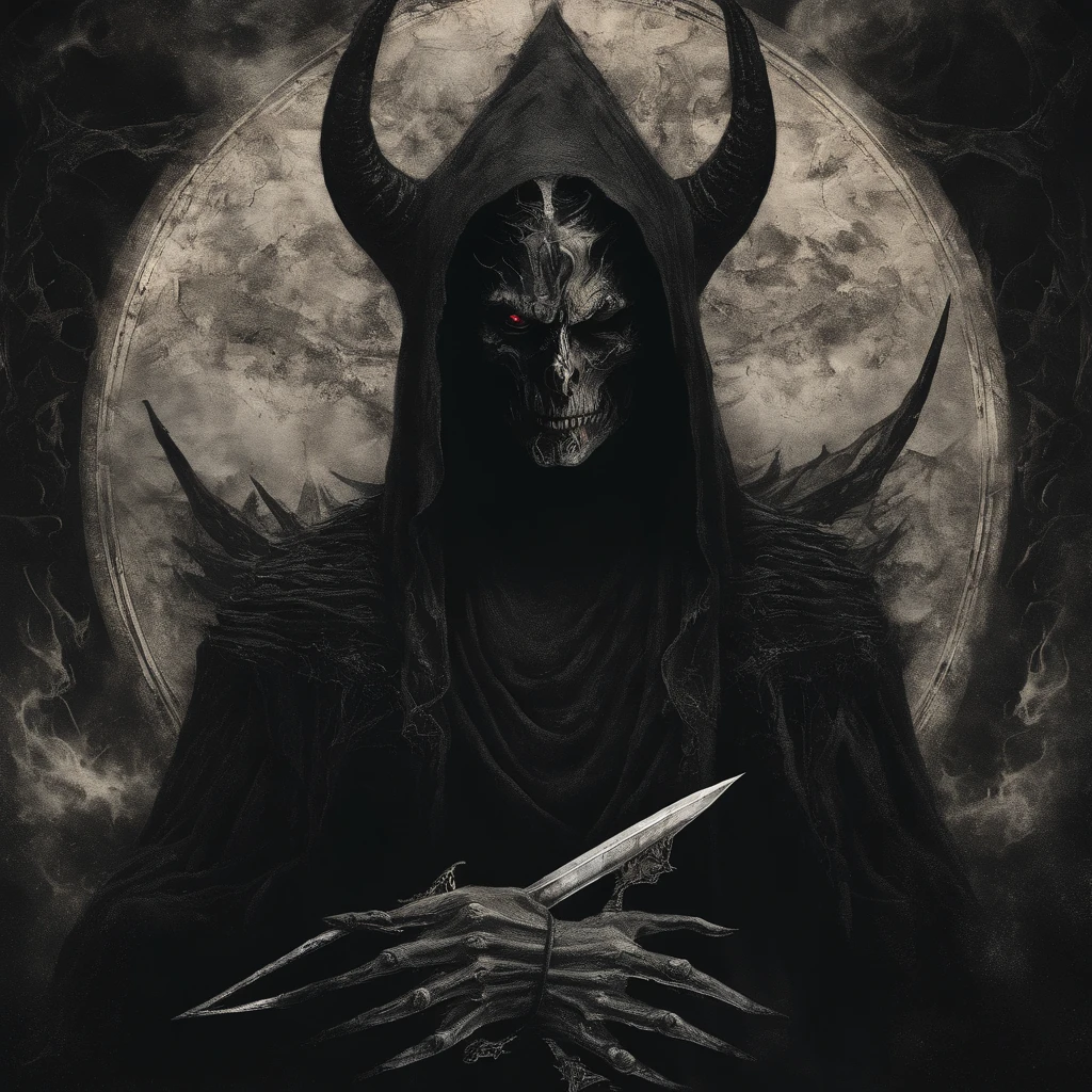 ((Hell God)), lucifer, black face, no face, ((re fire eyes)), holding glowing light sword, glowing text, against giant hell lord, ((circle light symbol)), behind head, dark fantasy art, ((death metal album cover)), smoke, ((fire)), lord of hell, ((diablo)), ((satanic)), ((