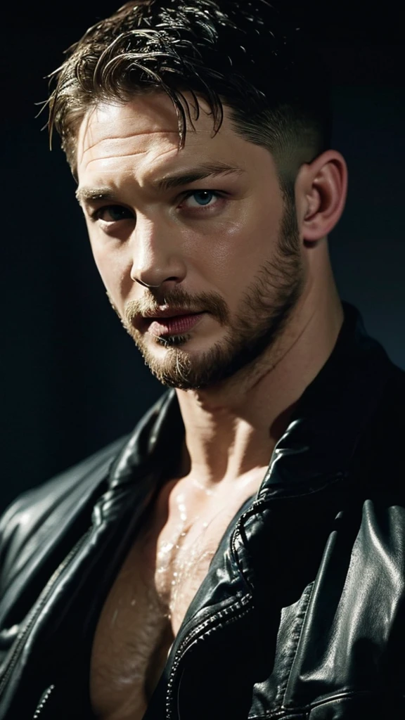 wet Tom Hardy on a dark background